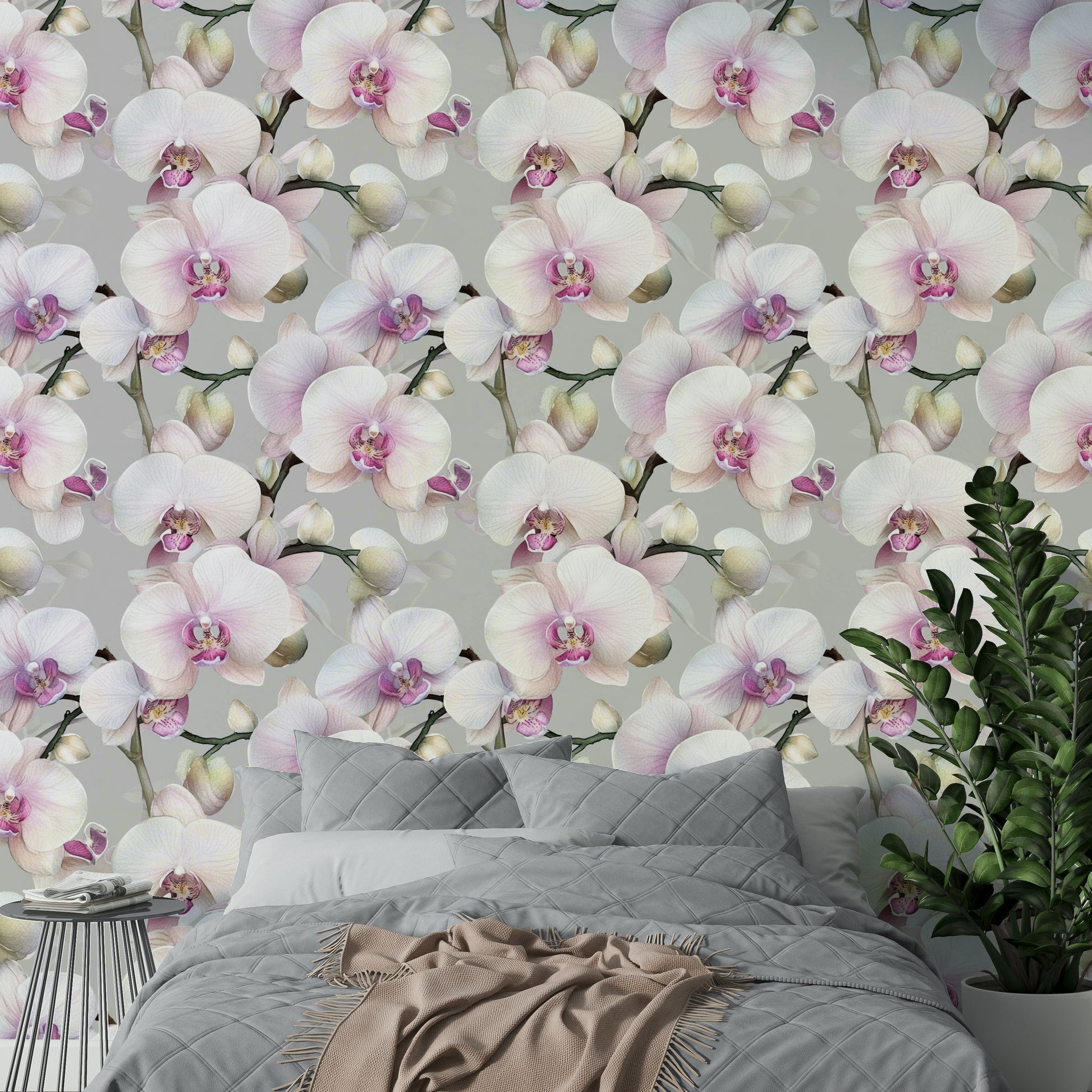 Graceful orchid wallpaper for calming interior designs.

