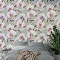 Graceful orchid wallpaper for calming interior designs.

