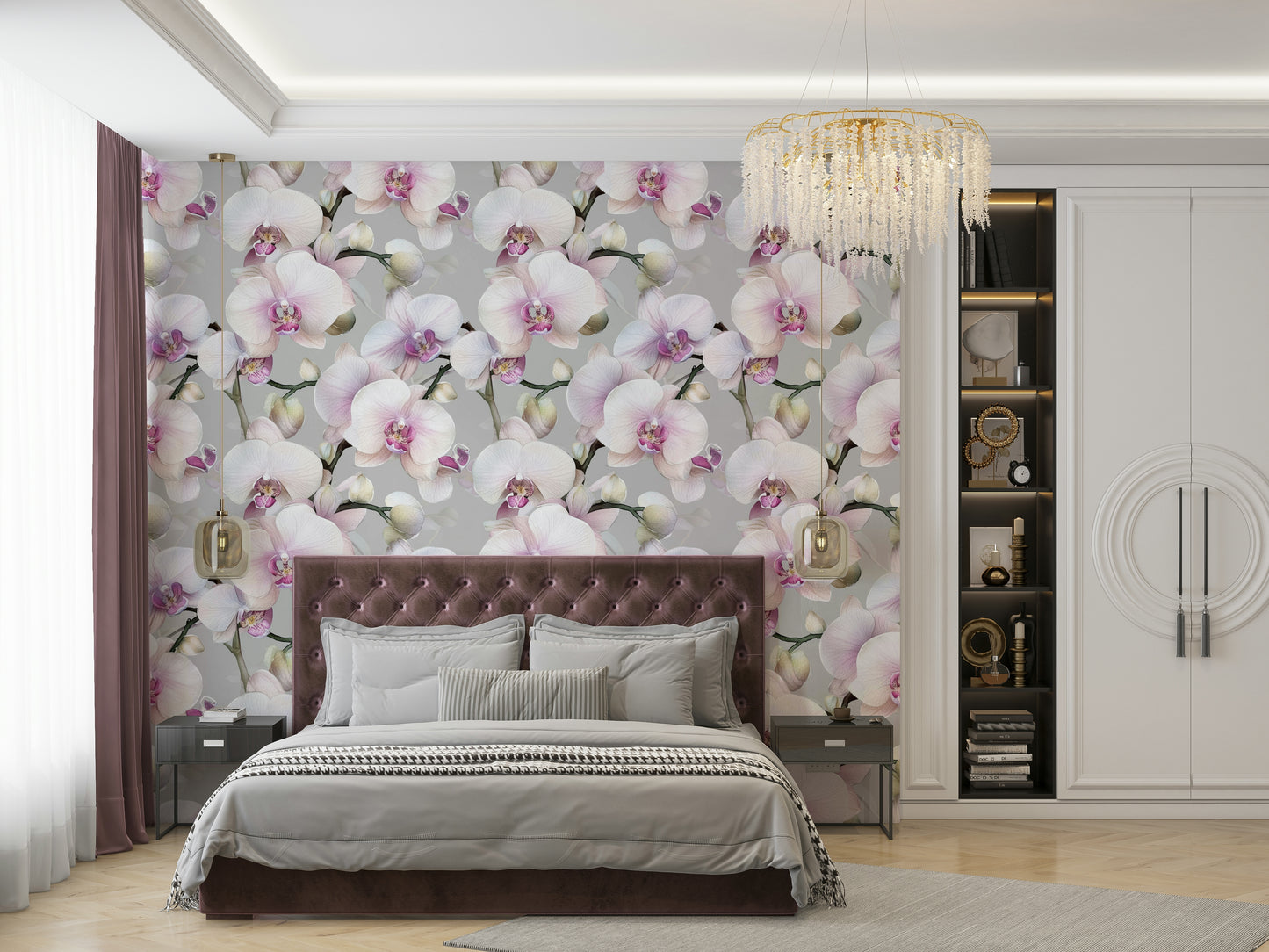 Orchid-patterned wallpaper for tranquil home vibes.

