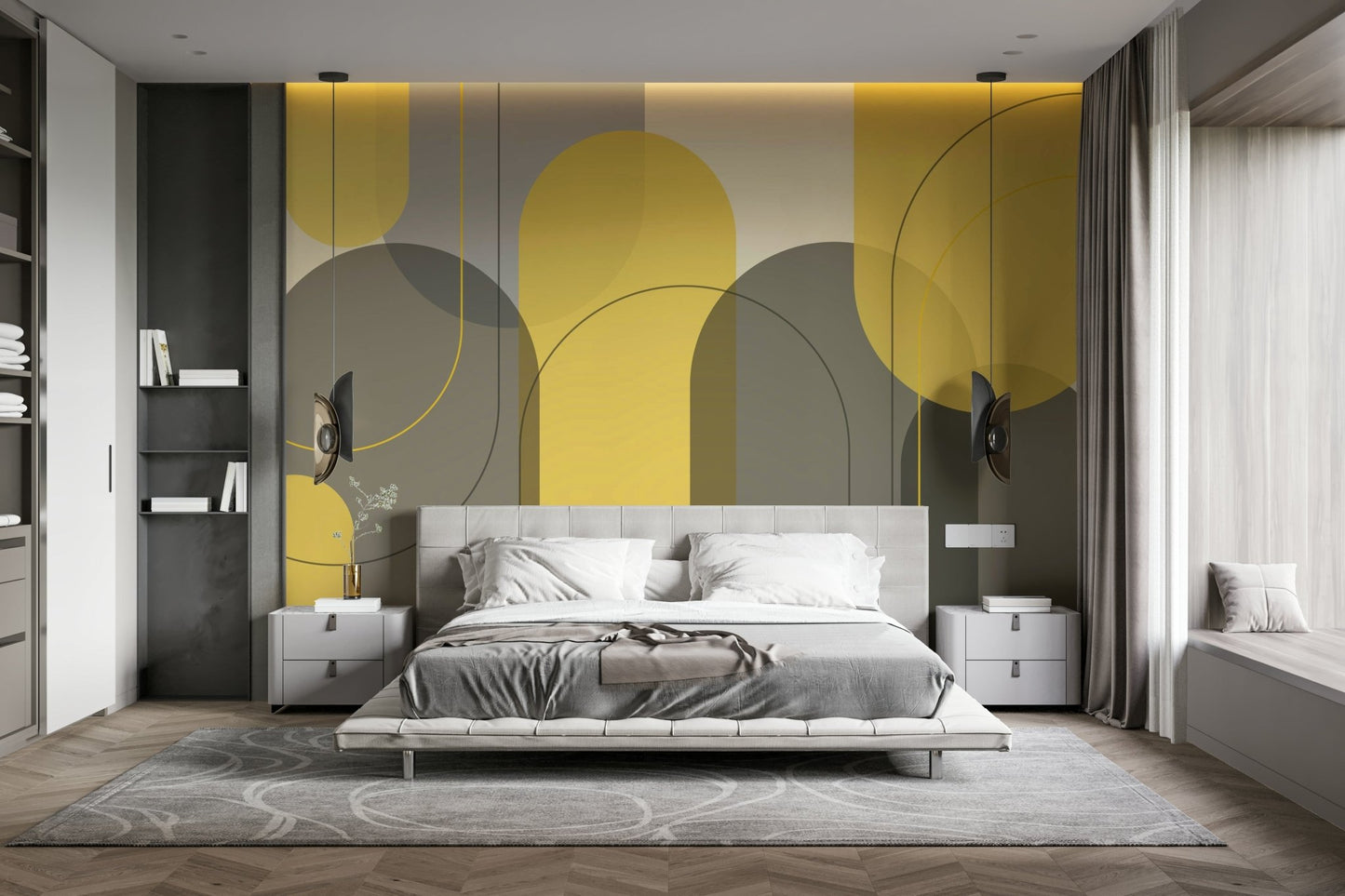 Arch-inspired taupe and yellow mural for wall design., GD1867