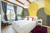 Elegant yellow wall mural with taupe arches., GD1867