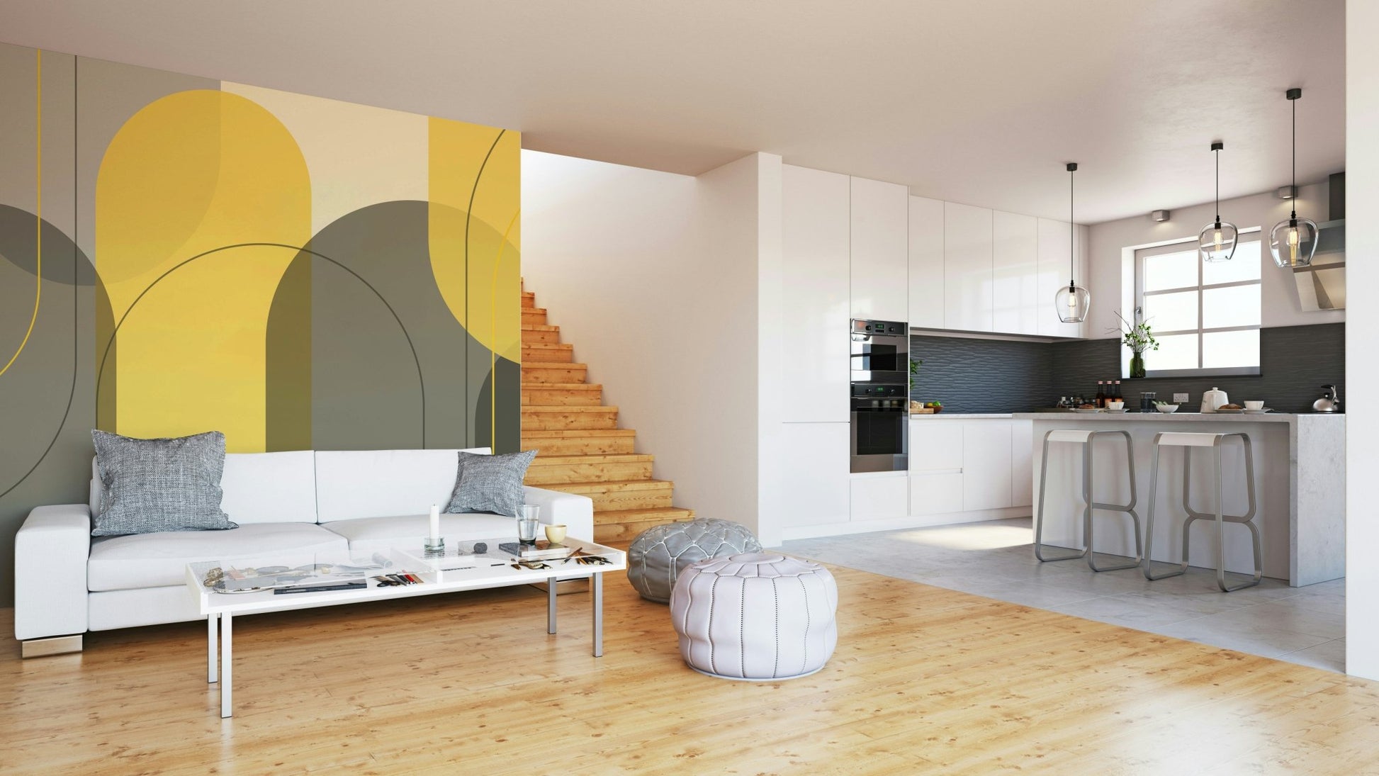 Arch-style taupe and yellow wall mural for bedroom., GD1867