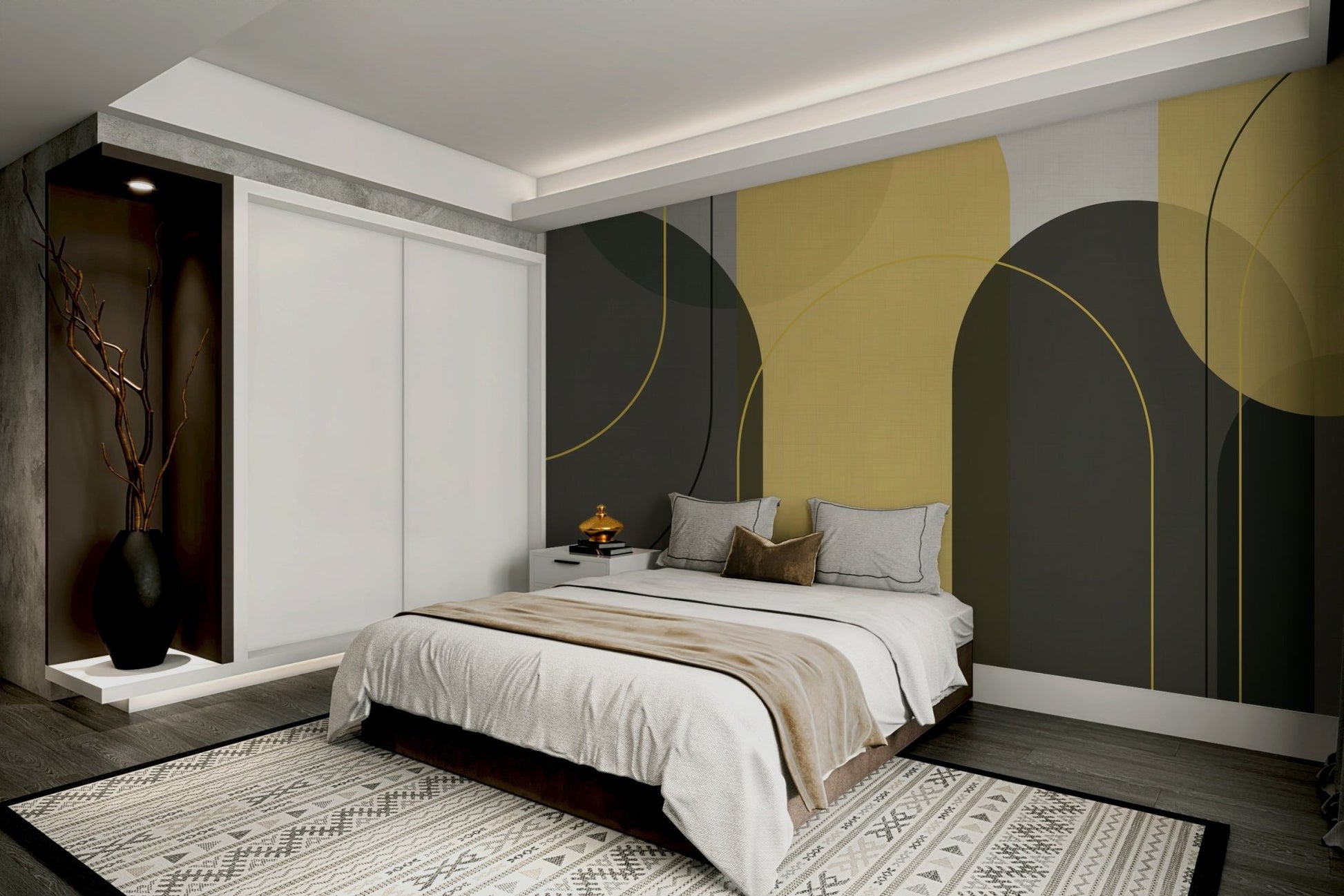 Modern arch wall mural in yellow and grey colors

