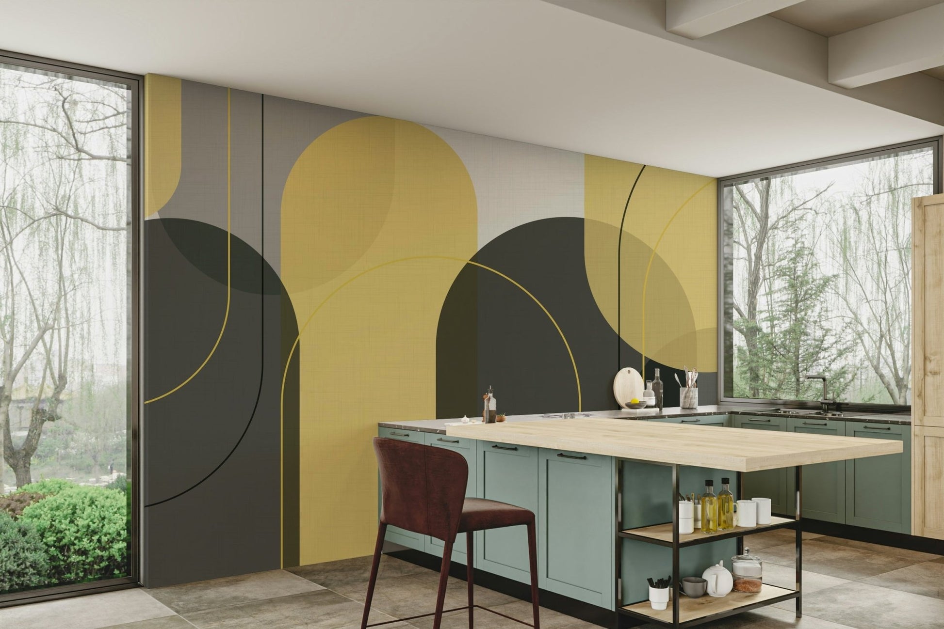 Contemporary yellow grey arches wall design

