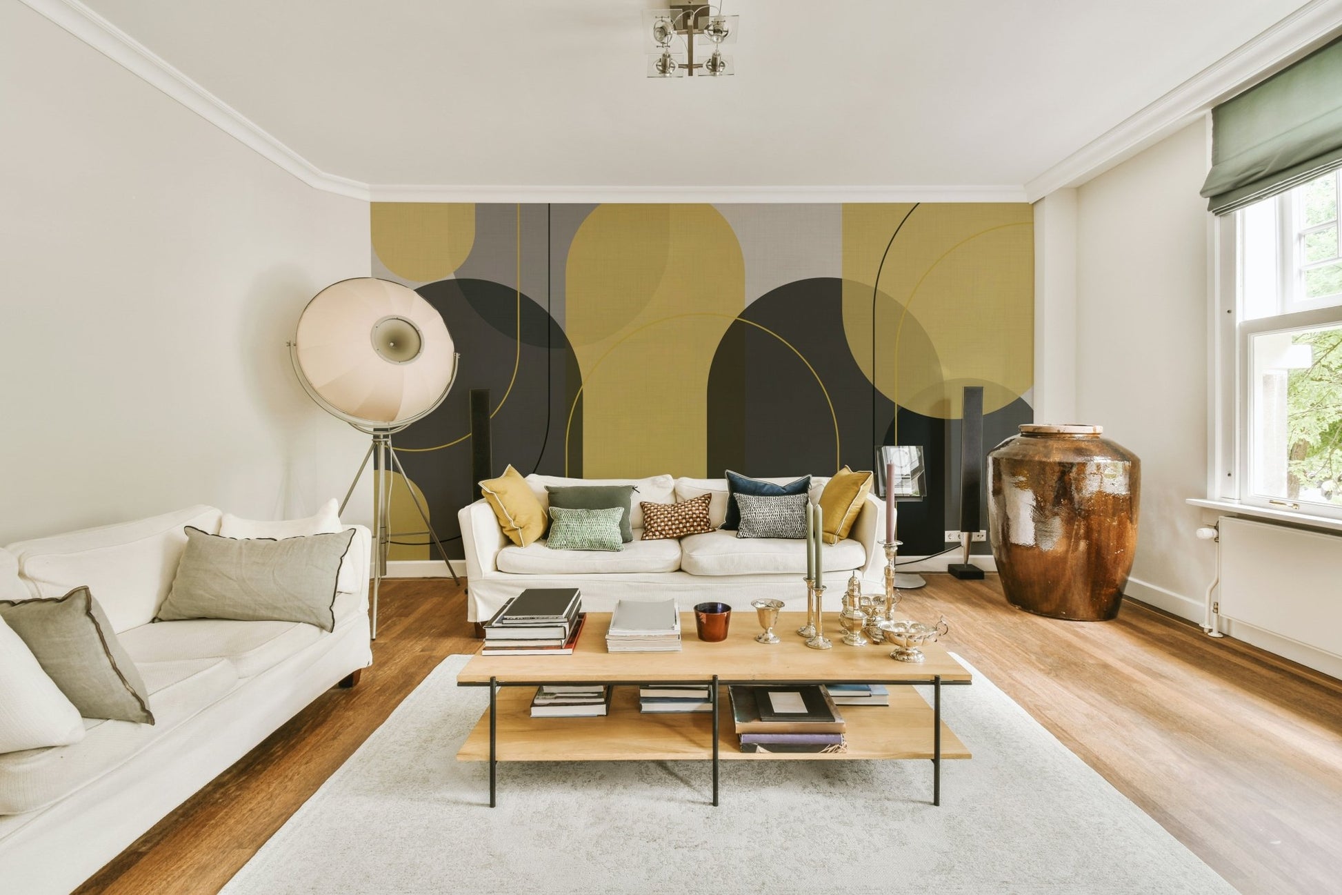 Geometric yellow and grey arch wall mural art

