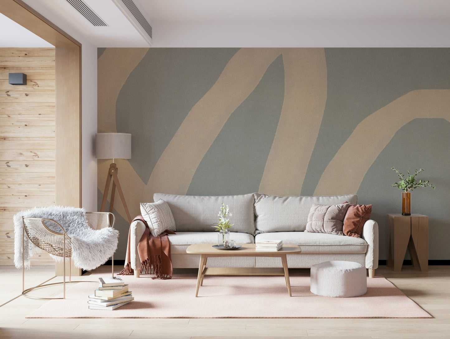 A graceful subtle curve wall mural in cool, natural tones.