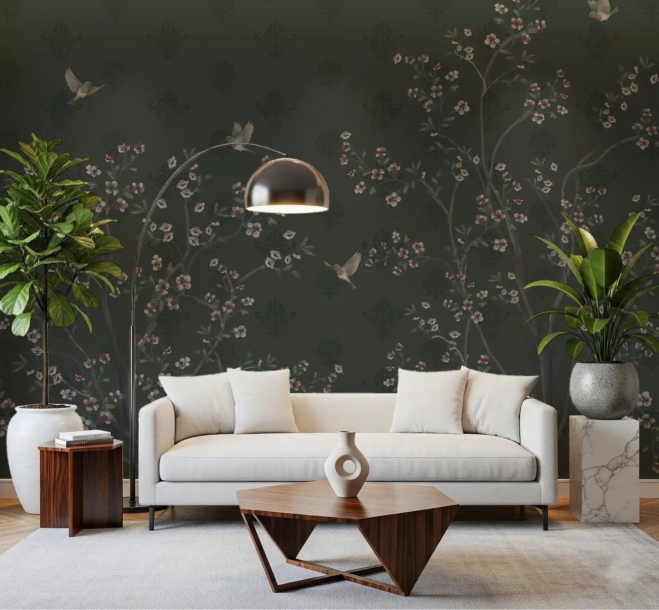 Elegant Avian Bloom Wall Mural behind a cream sofa in a moody living room