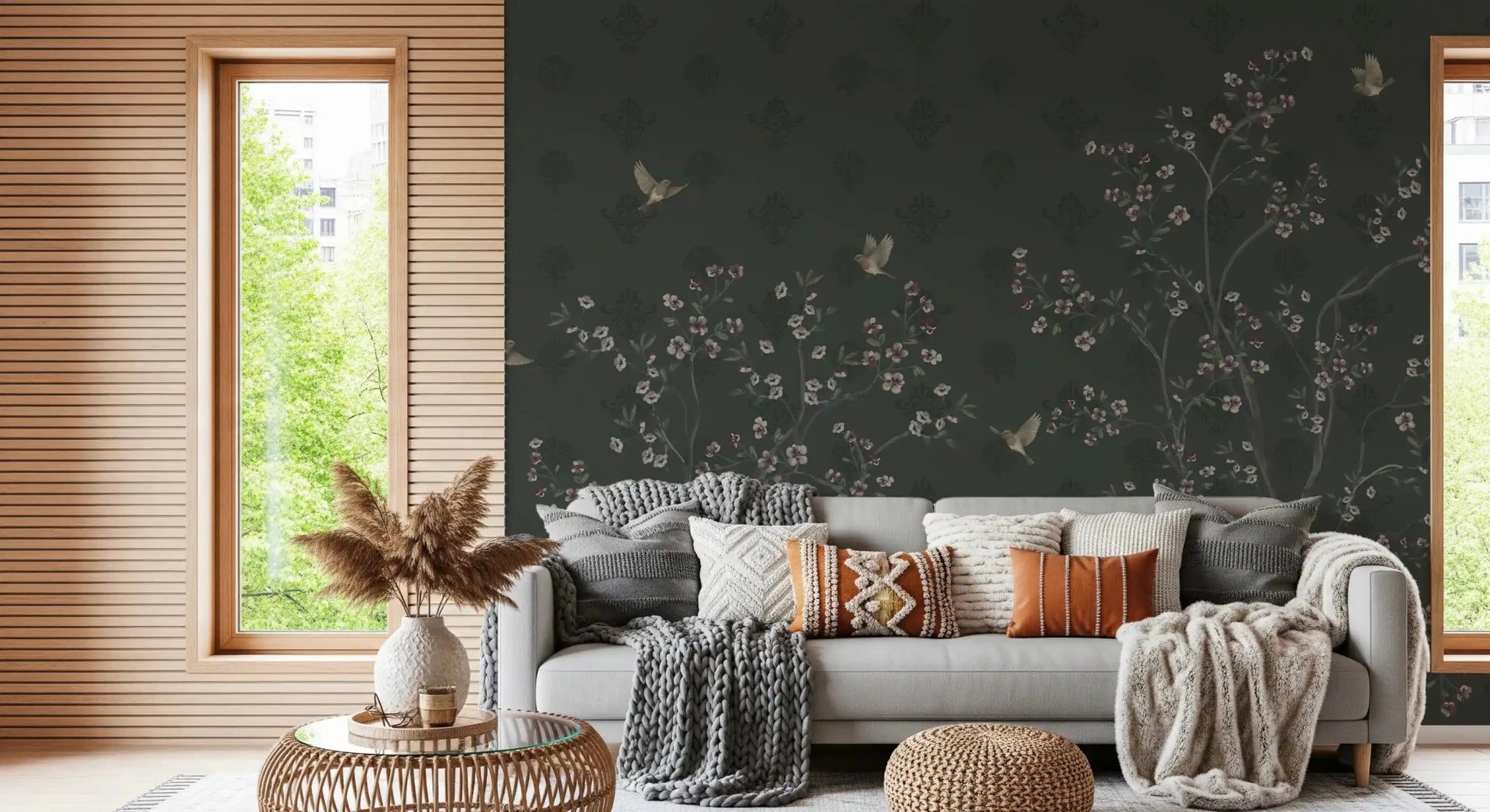Sunlit sitting area featuring Elegant Avian Bloom Wall Mural with floral branches
