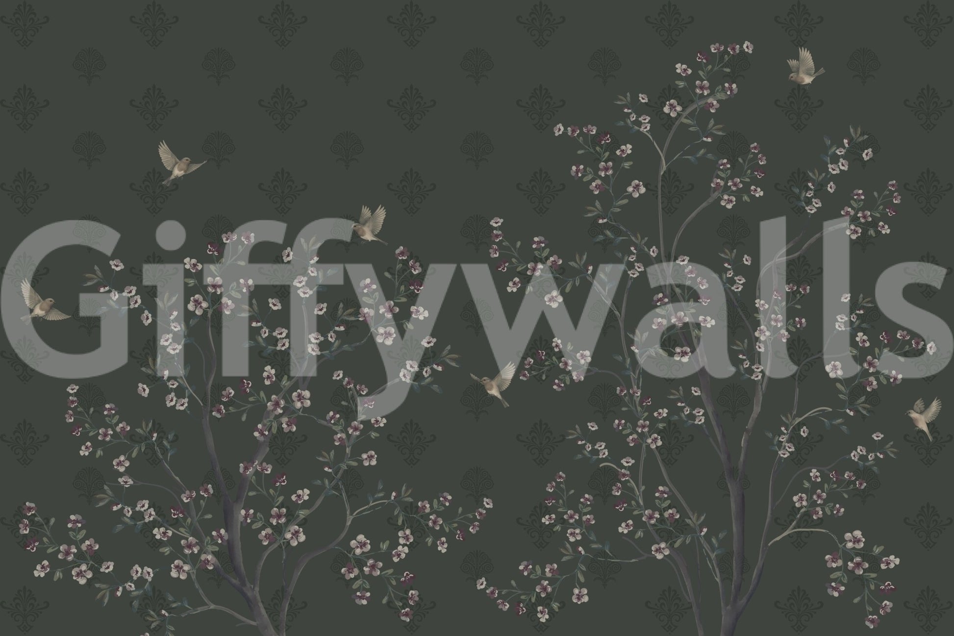 Elegant Avian Bloom Wall Mural with blossoming trees and soft birds on dark green