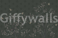 Elegant Avian Bloom Wall Mural with blossoming trees and soft birds on dark green