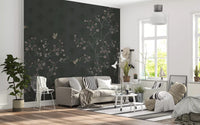 Large windows brighten this room with Elegant Avian Bloom Wall Mural behind seating