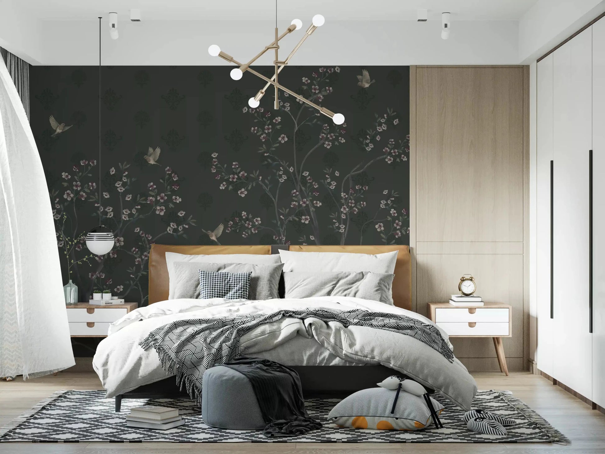 Soft bedding rests against Elegant Avian Bloom Wall Mural in a dark bedroom