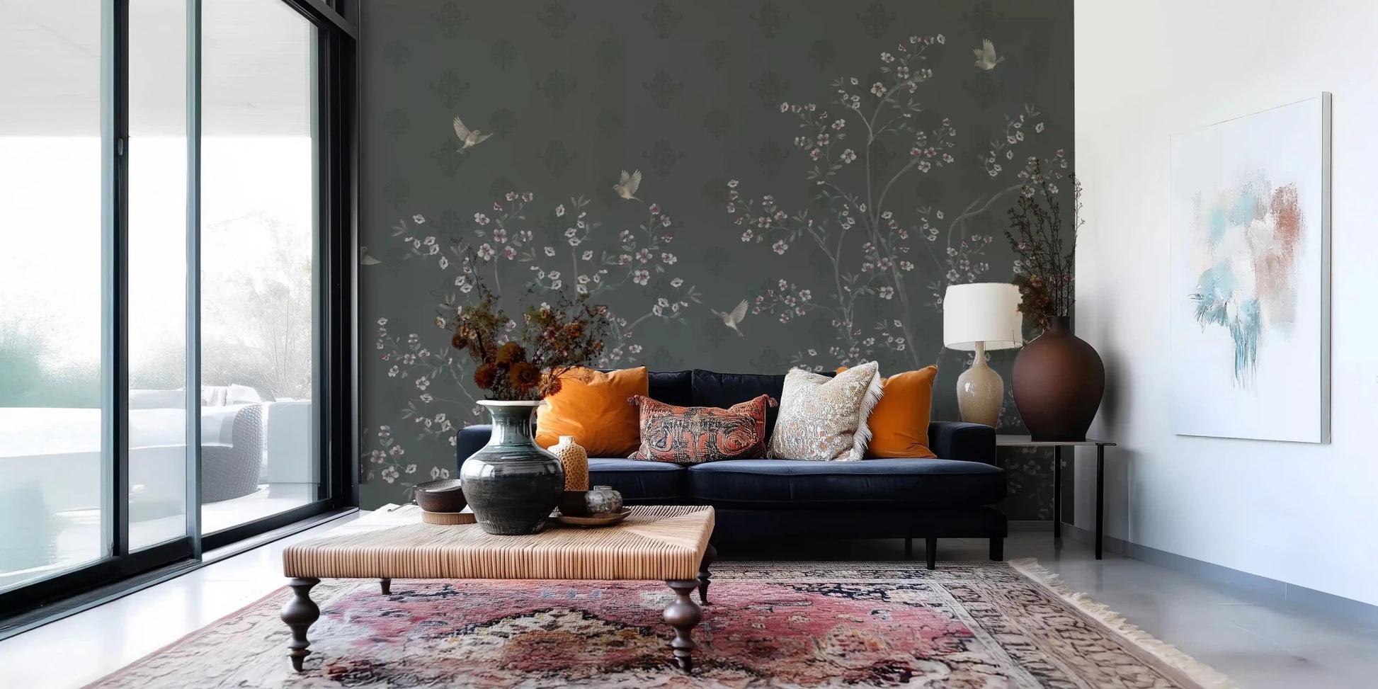 Elegant Avian Bloom Wall Mural shown in a clean, softly lit Living space