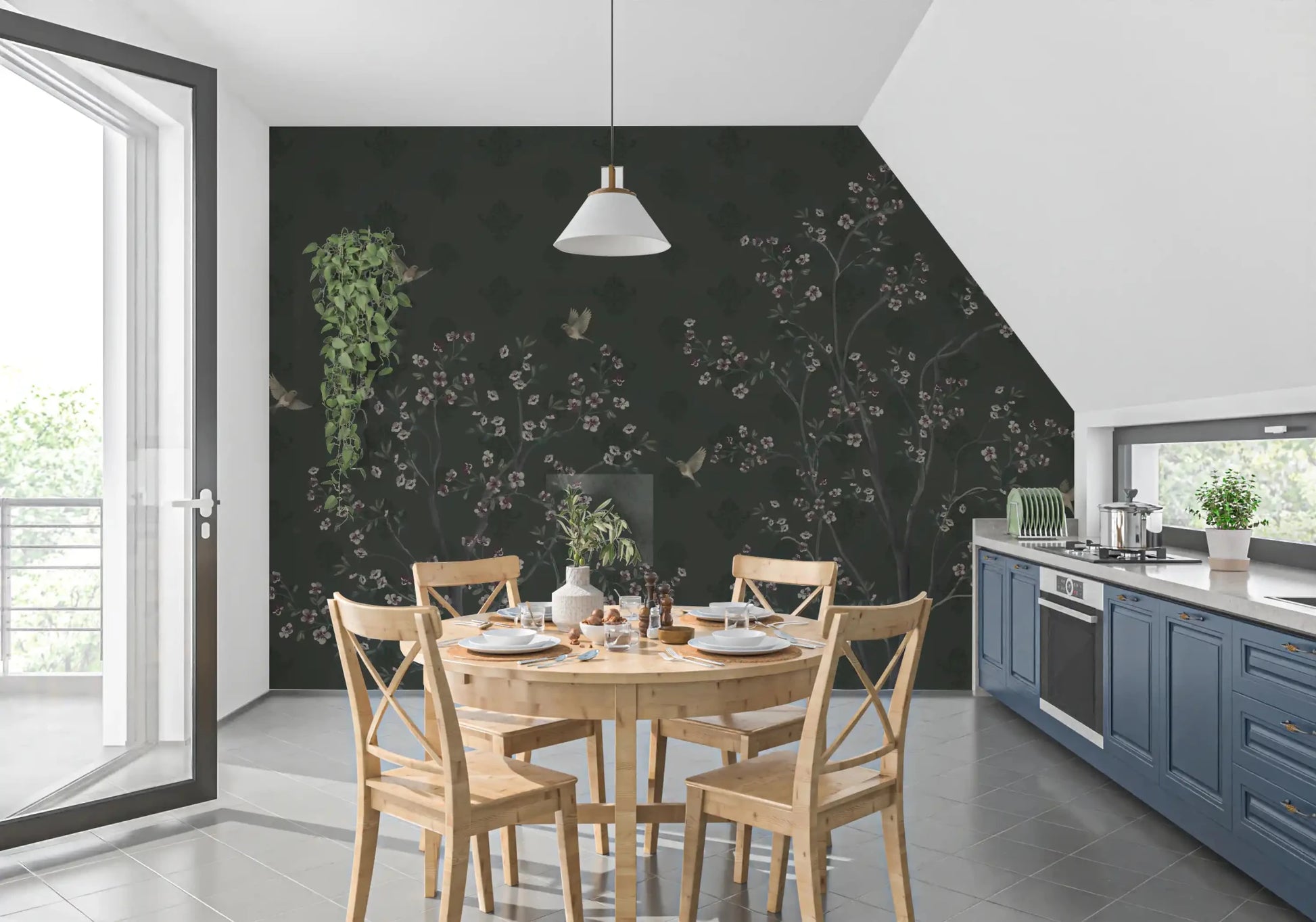 Dining area paired with Elegant Avian Bloom Wall Mural in a deep charcoal tone