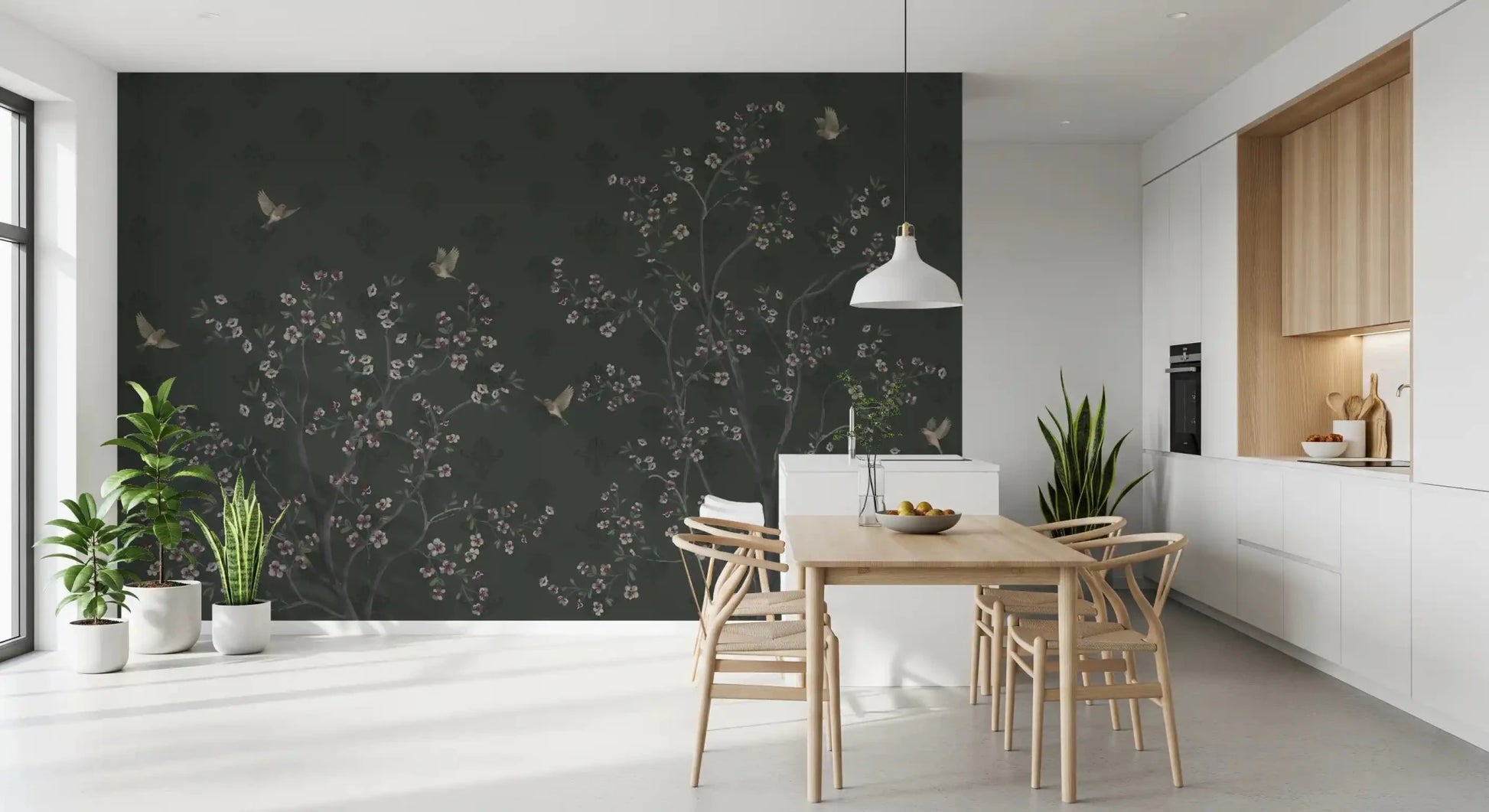 Minimal dining nook styled with Elegant Avian Bloom Wall Mural and pale seating