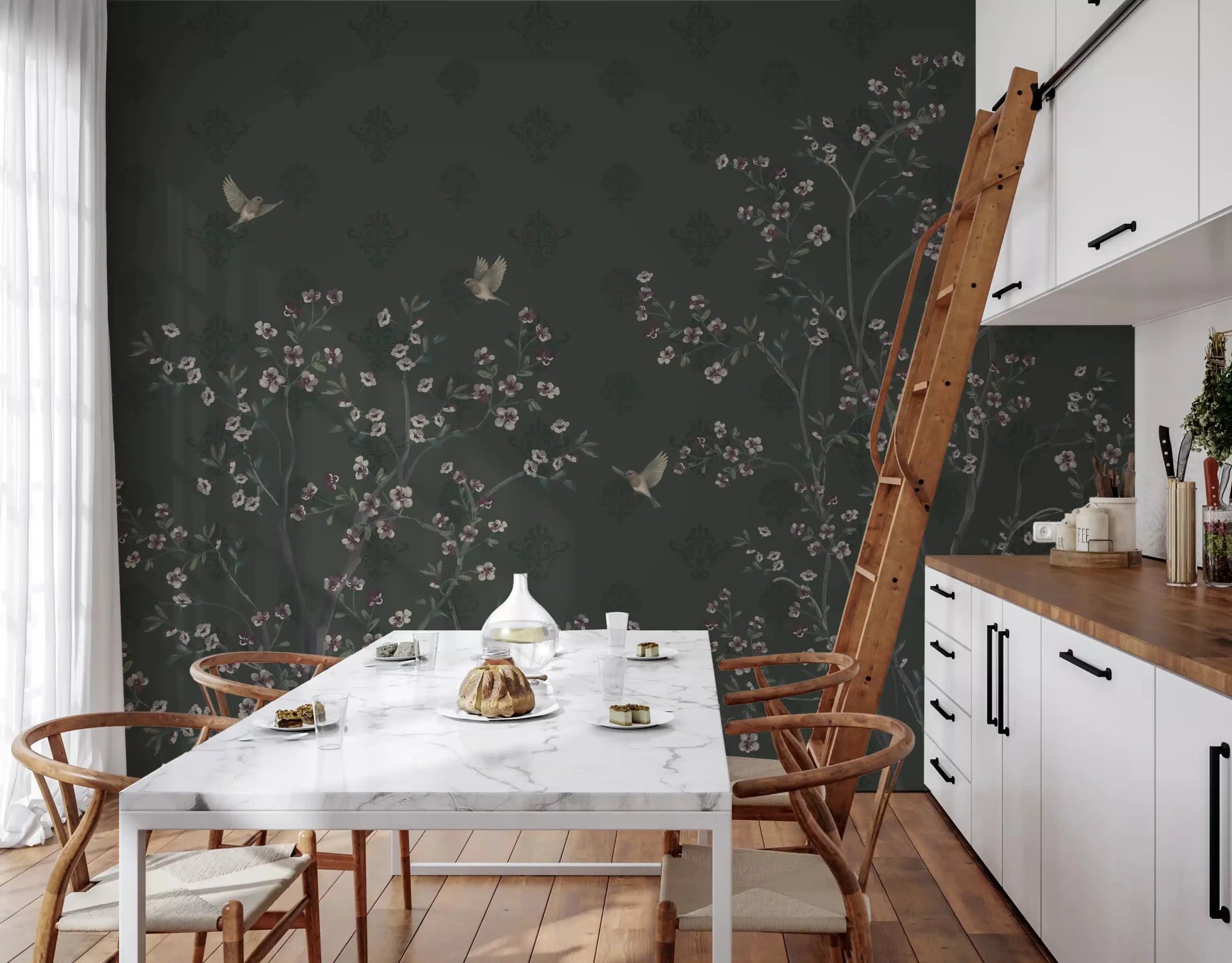 Warm kitchen setting finished with Elegant Avian Bloom Wall Mural on a dark wall