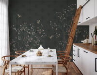 Warm kitchen setting finished with Elegant Avian Bloom Wall Mural on a dark wall