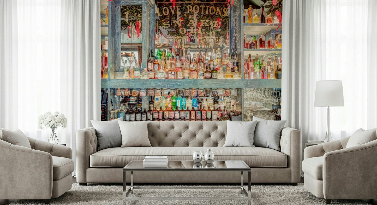 Vibrant liquor display for Elegant Bar Interior Wall Mural