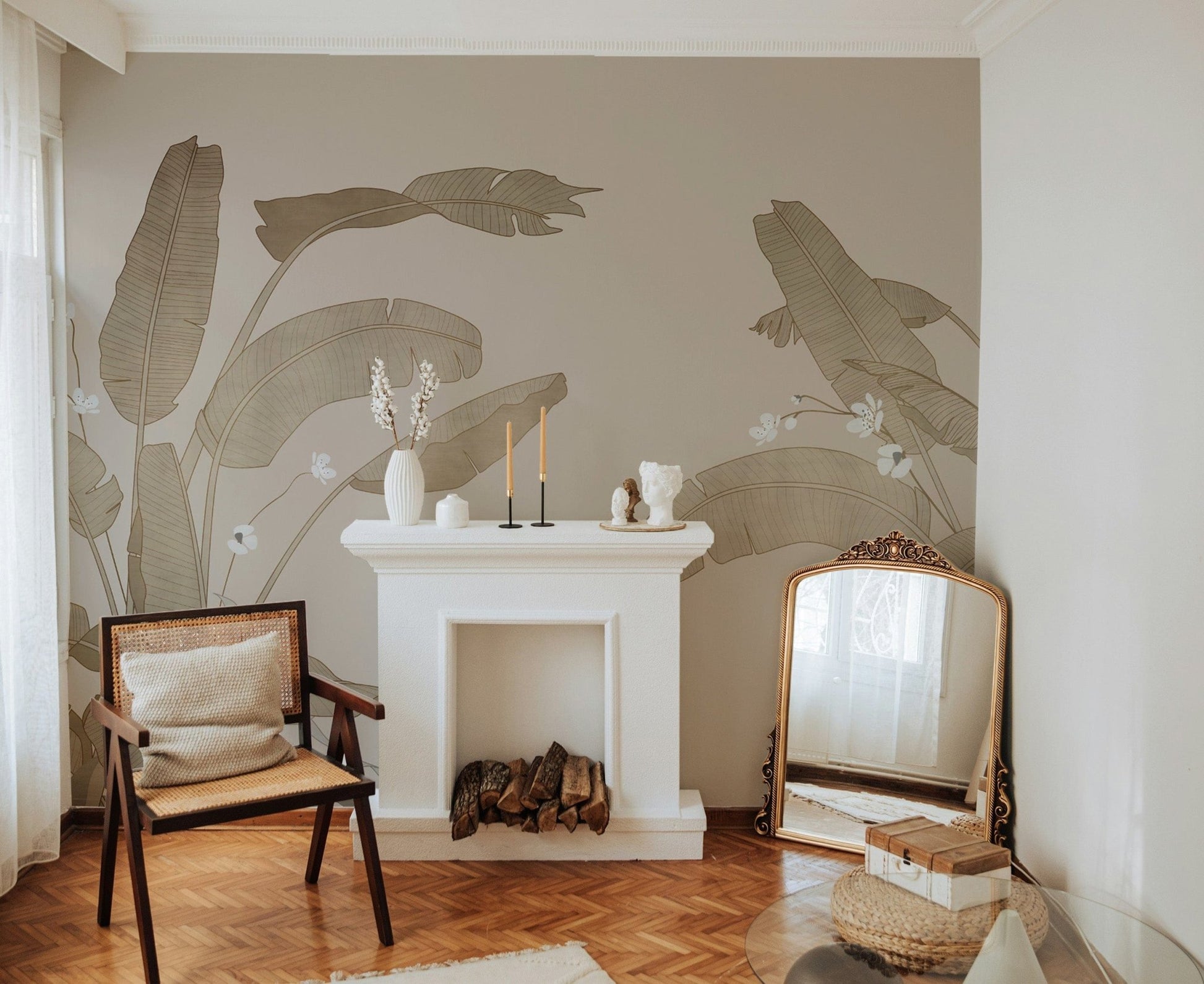 Minimalist banana leaves wallpaper design
