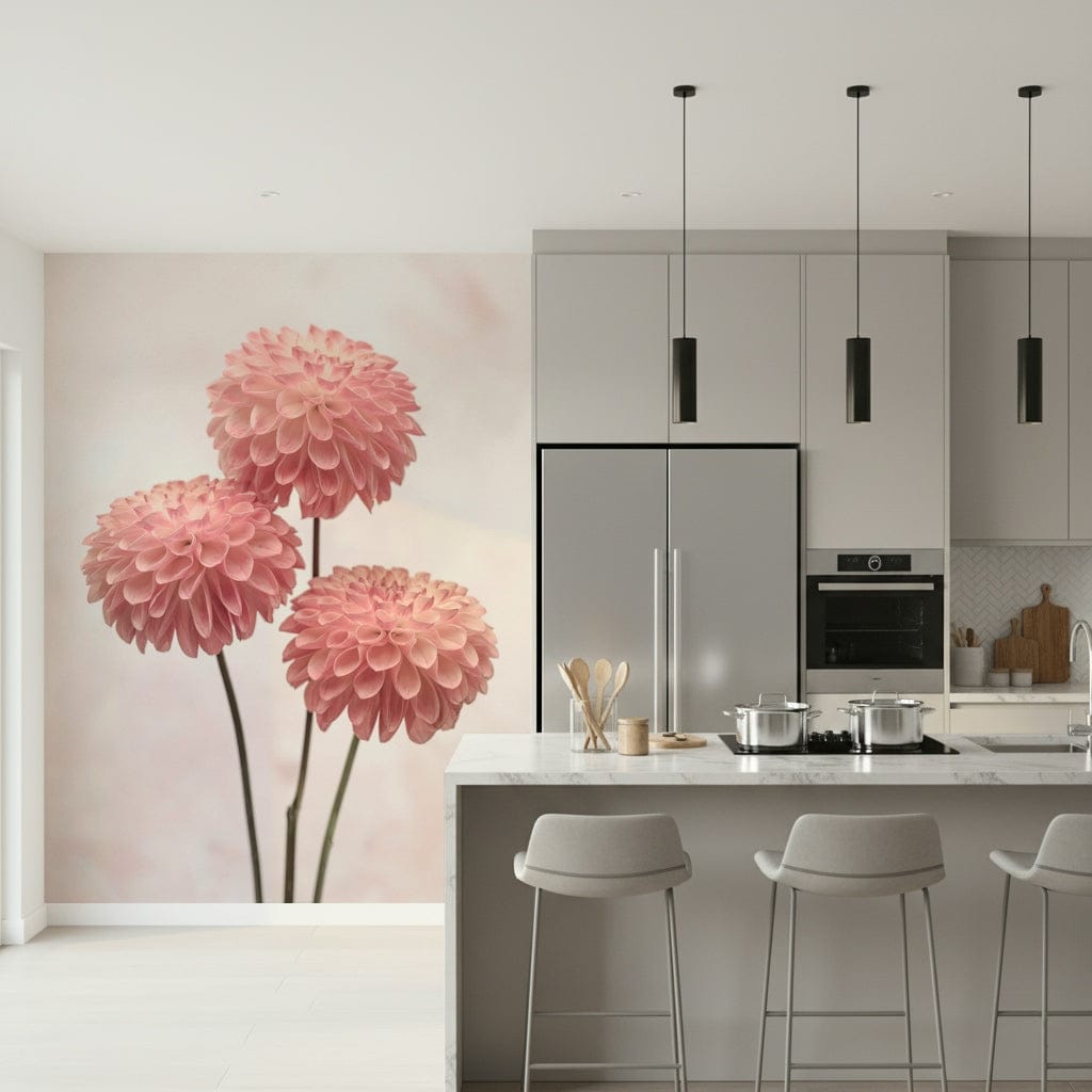 Elegant Contrasts floral mural, delicate pink dahlia blooms.