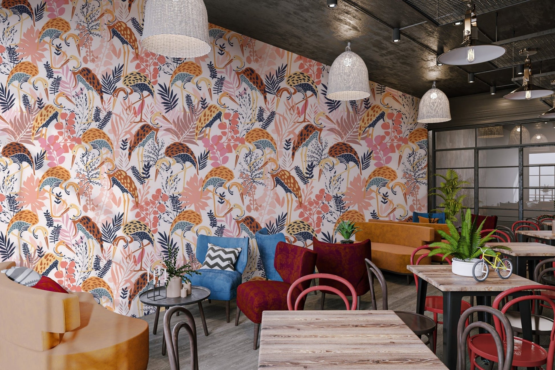 Vibrant Crane Dance Wall Art Wallpaper Mural, AN40
