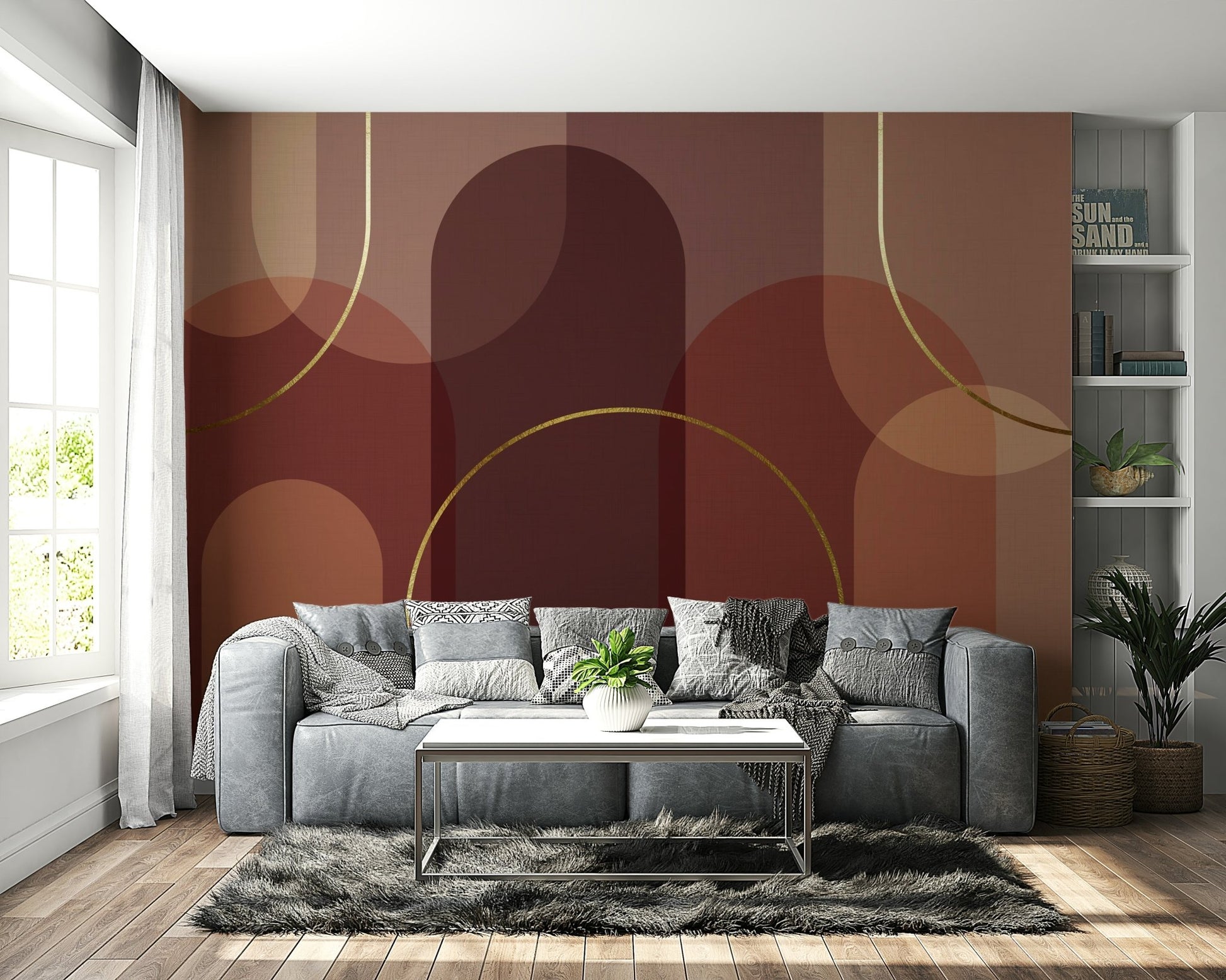 An angled shot of a wall with abstract, natural-toned wallpaper

