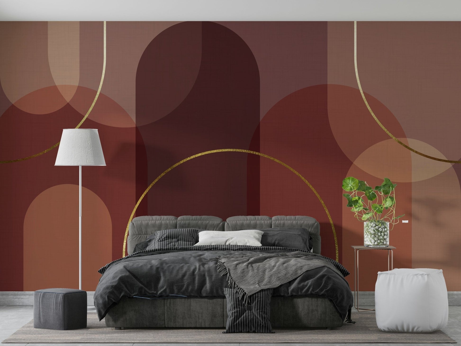 A bedroom decorated with an earthy mural

