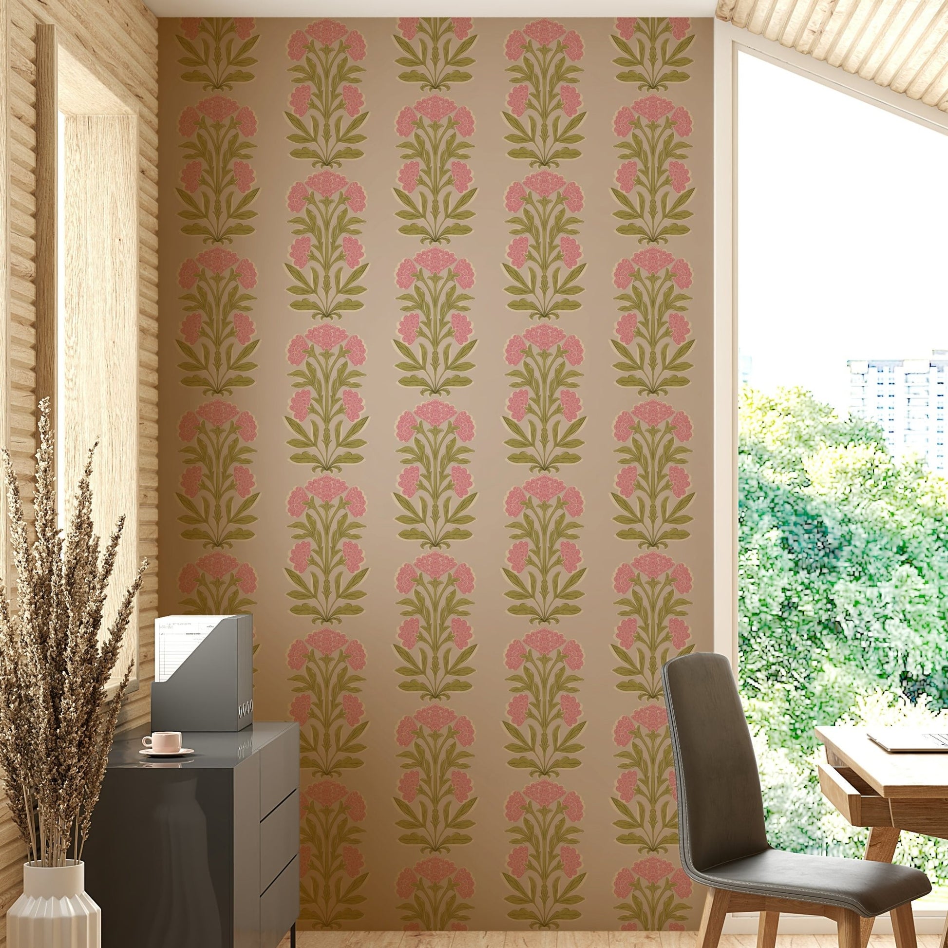 The image shows a peaceful, traditional floral pattern arranged in columns.

