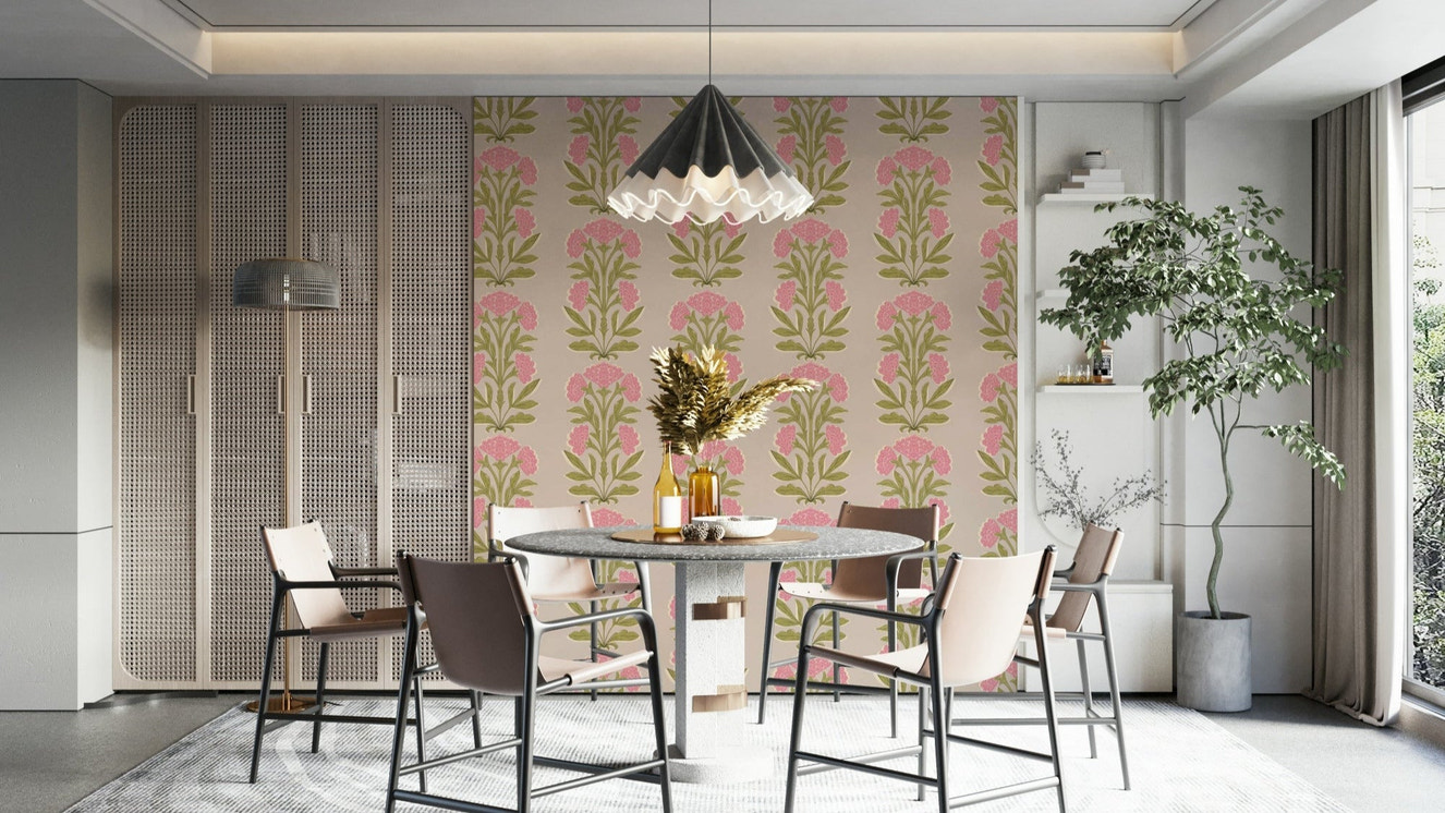 A wall mural of a symmetrical floral pattern.

