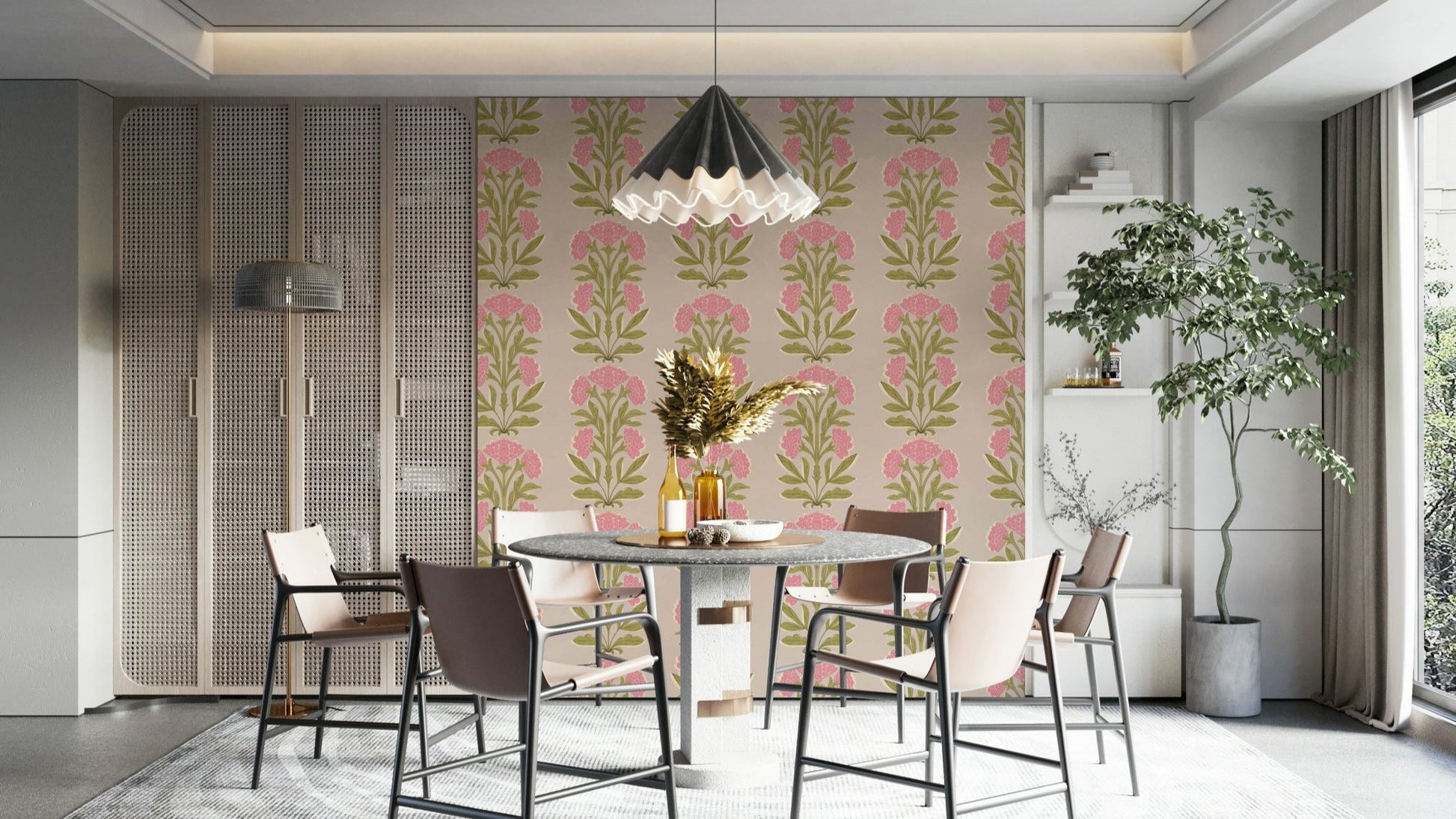 A wall mural of a symmetrical floral pattern.


