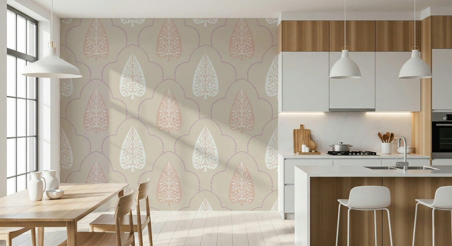Chic Foliage stylized spade wallpaper on delicate blush background.