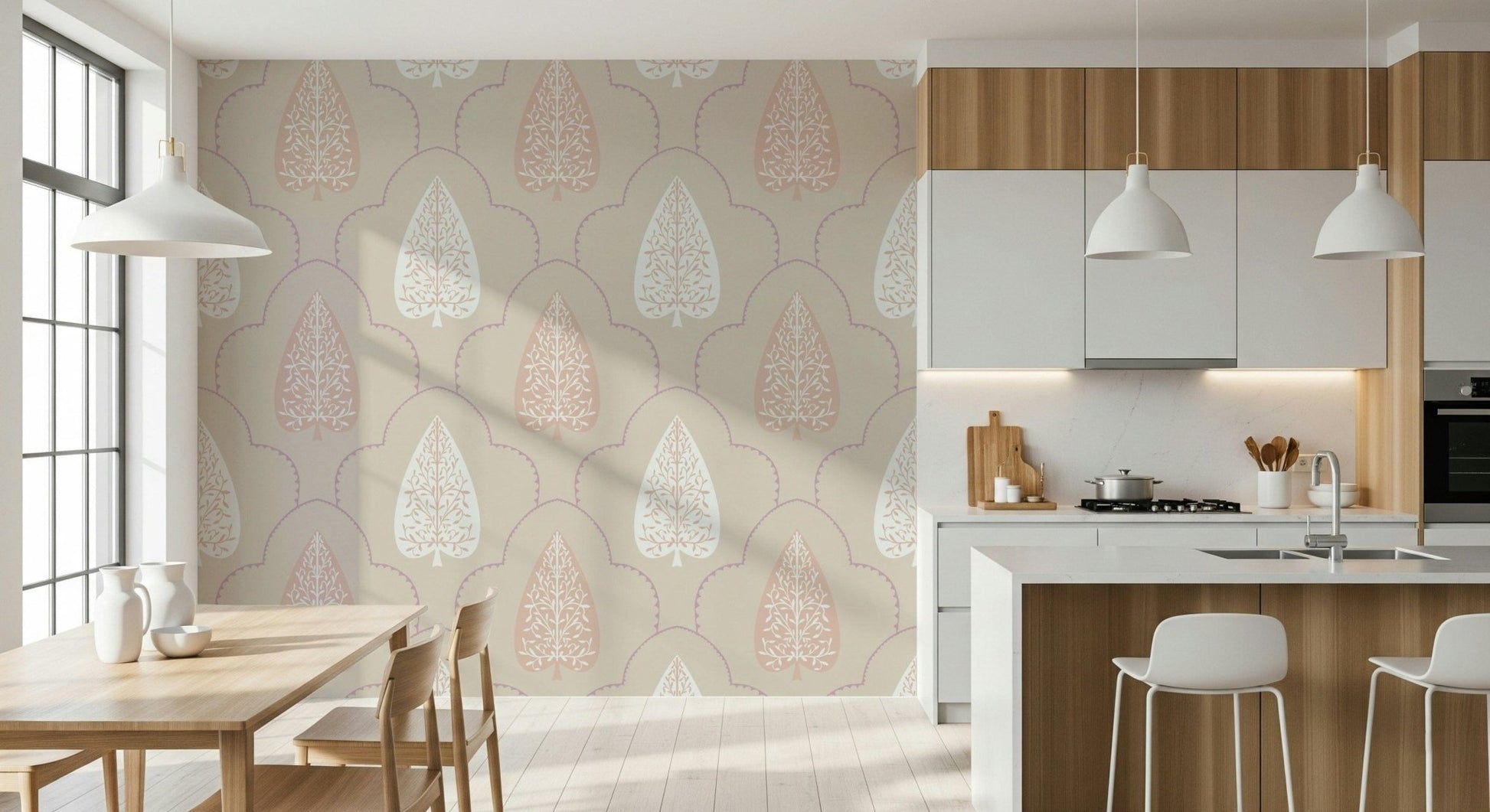 Chic Foliage stylized spade wallpaper on delicate blush background.