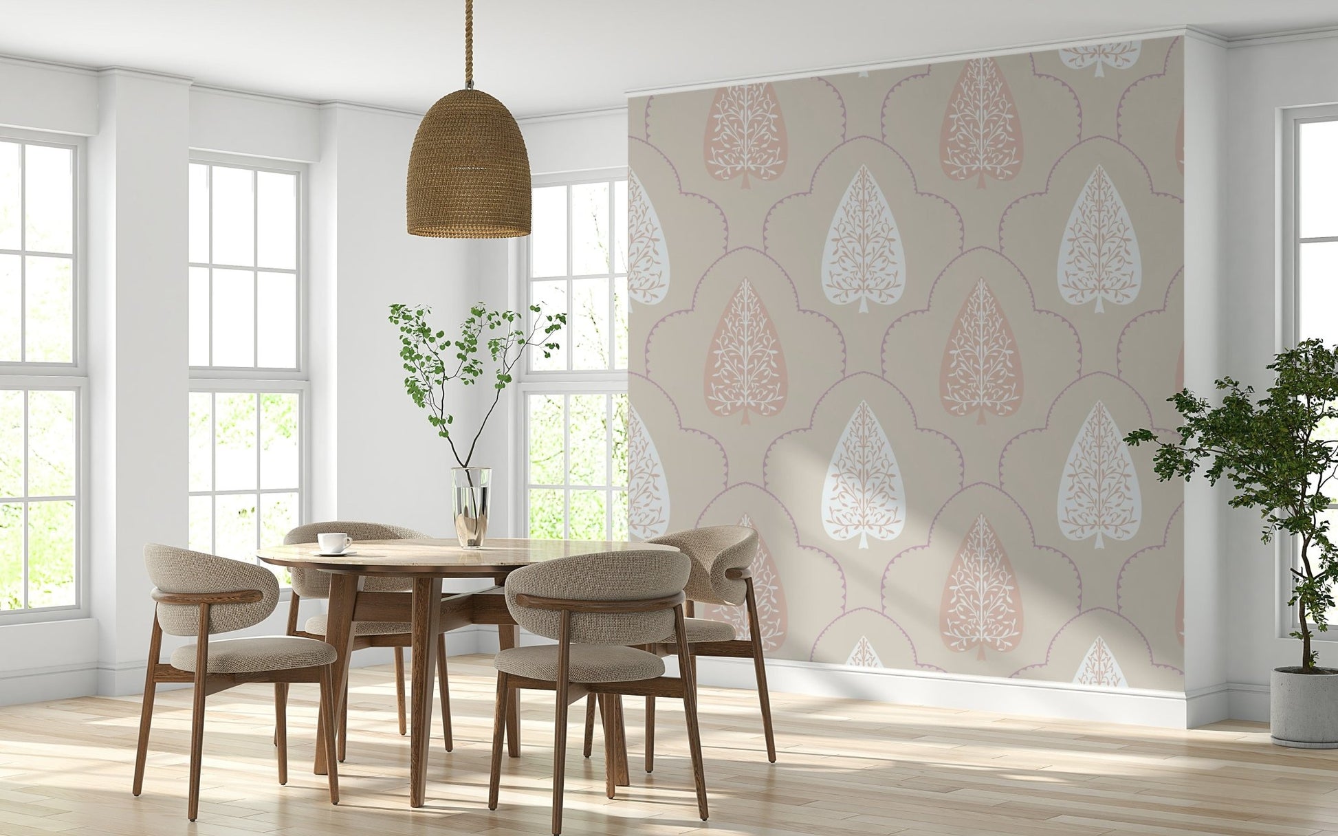 Elegant Foliage sophisticated feature mural, intricate repeating motif.