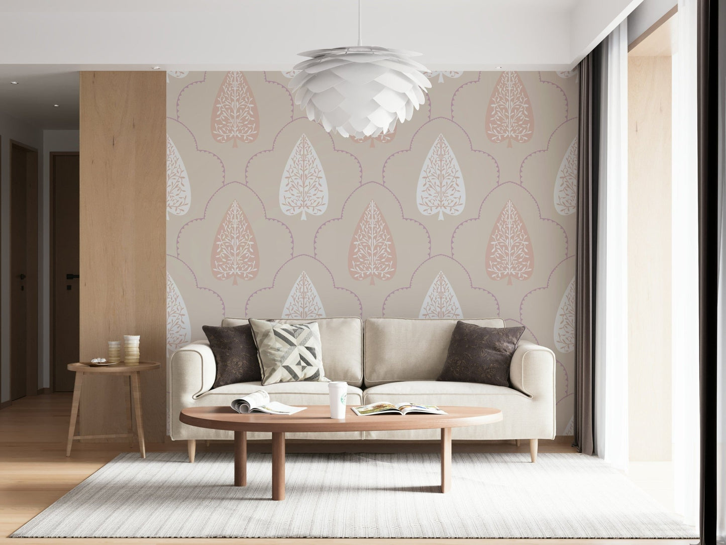 Elegant Foliage timeless pattern mural, soft taupe and pink hues.