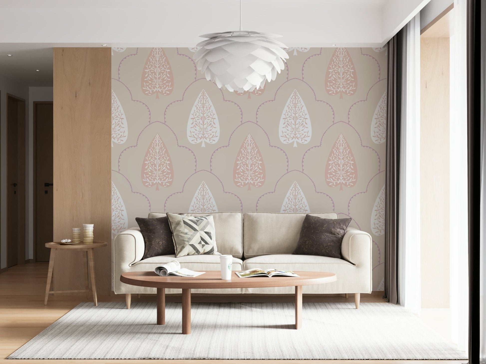 Elegant Foliage timeless pattern mural, soft taupe and pink hues.
