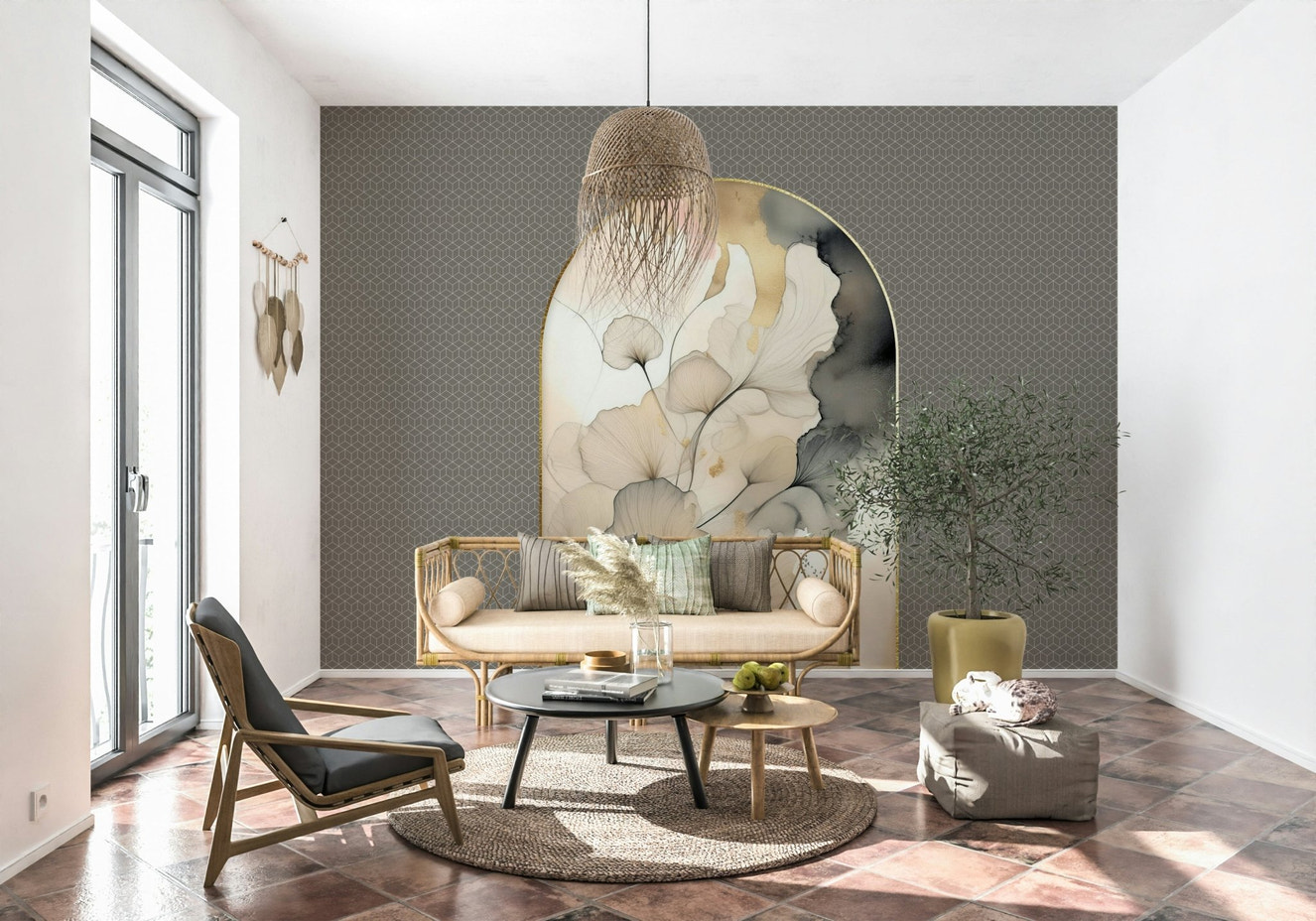Elegant Gingko Archway Wall Mural accents a chic reading space.