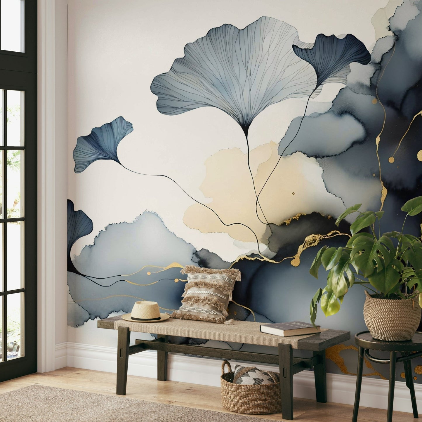Delicate ginkgo leaf wallpaper with sheer layered effect.

