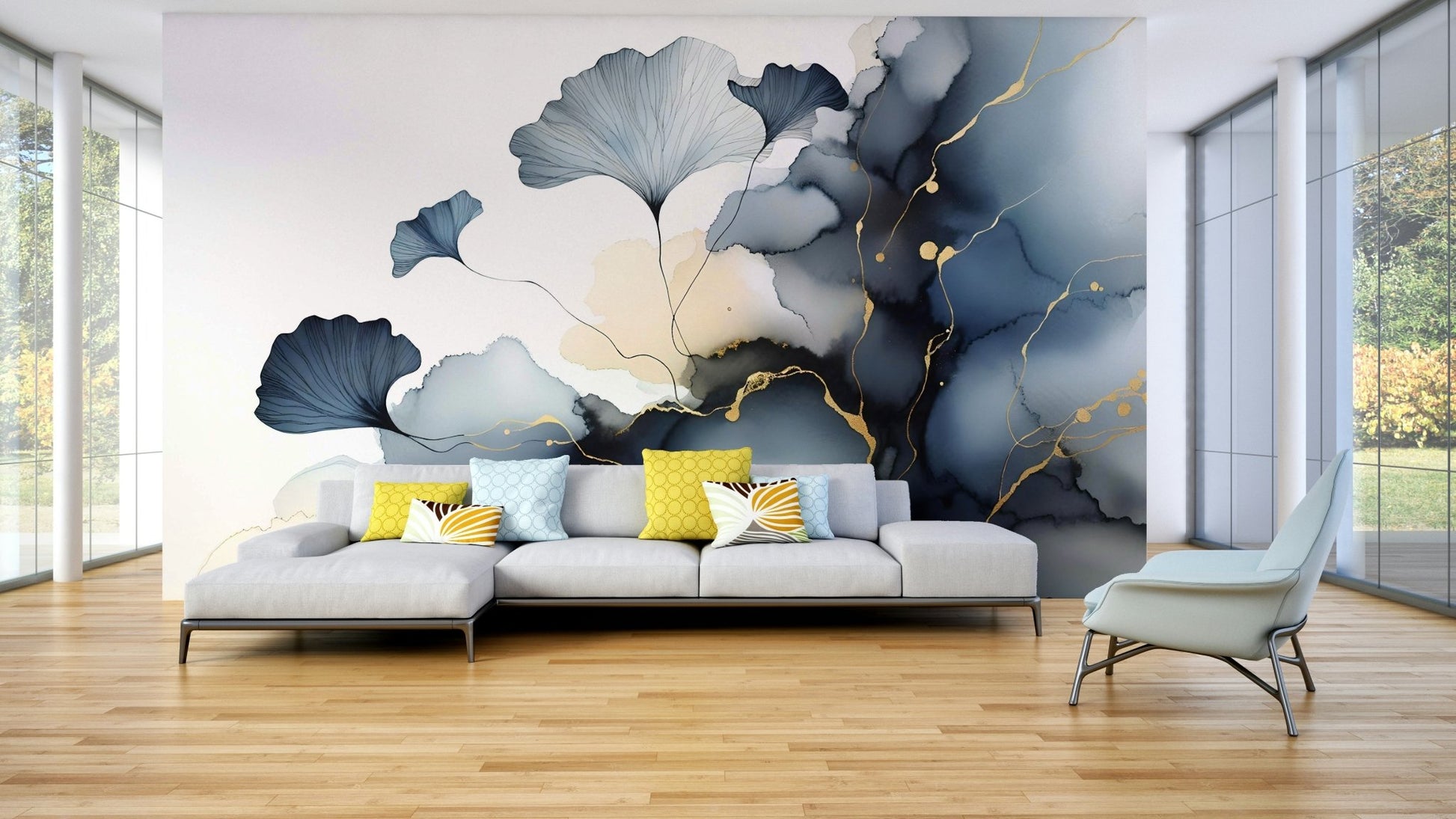 Wall mural featuring floating ginkgo leaves in soft hues.

