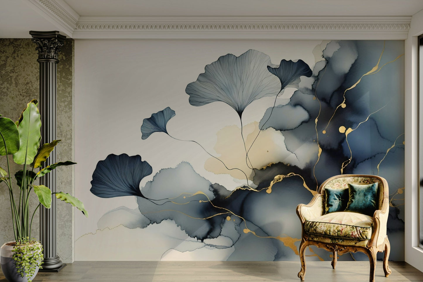 Botanical mural with elegant ginkgo silhouettes.

