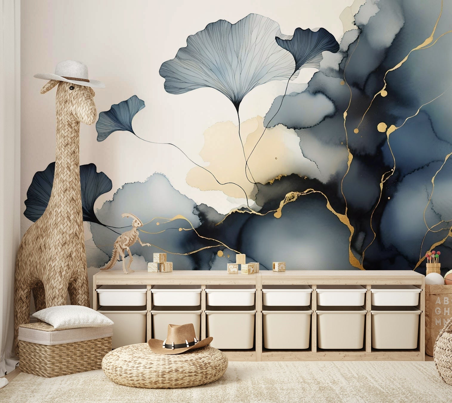 Ginkgo leaf mural with soft veiling and metallic accents.

