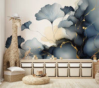 Ginkgo leaf mural with soft veiling and metallic accents.

