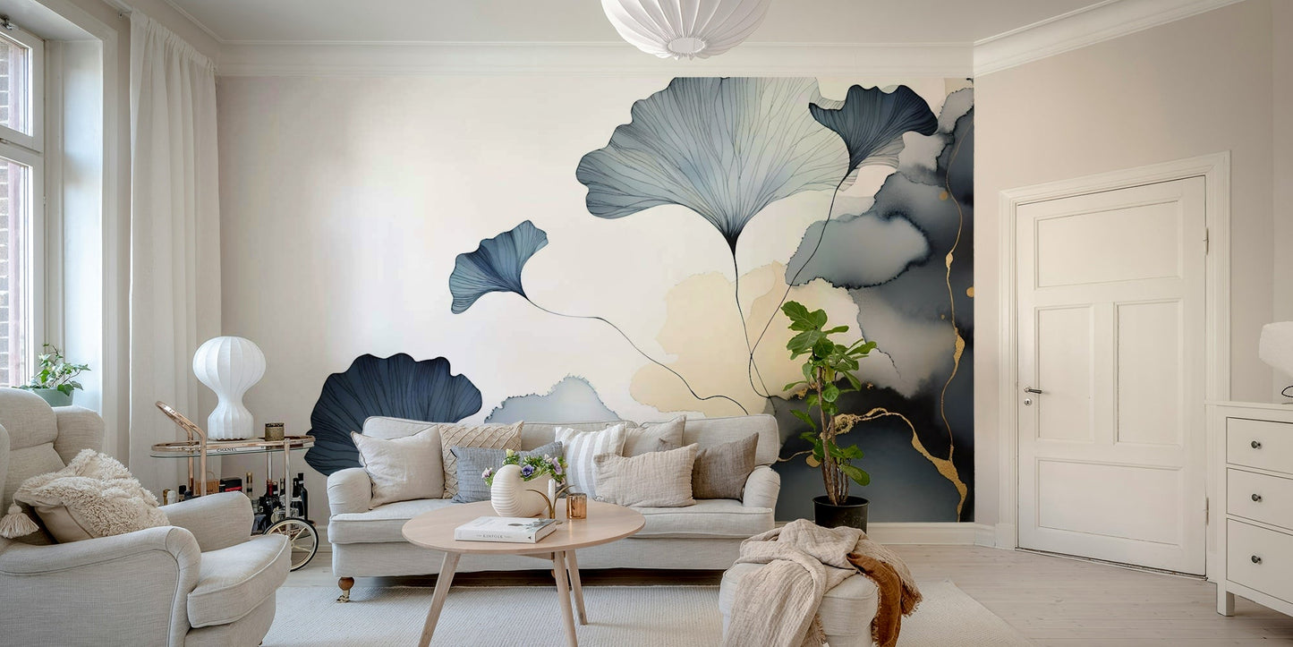 Soft ginkgo leaf mural in flowing, elegant patterns.

