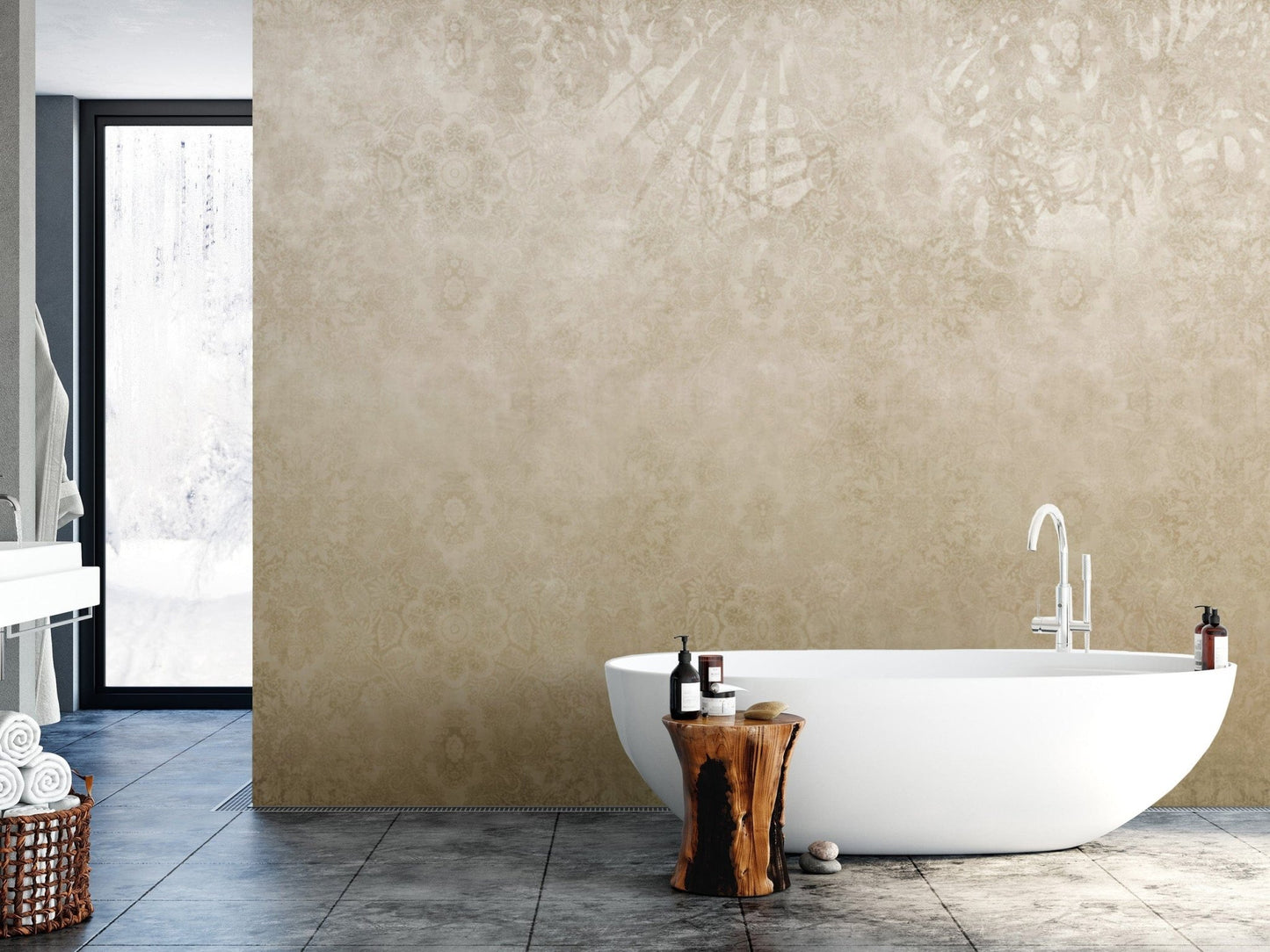 Metallic gold damask wall covering
