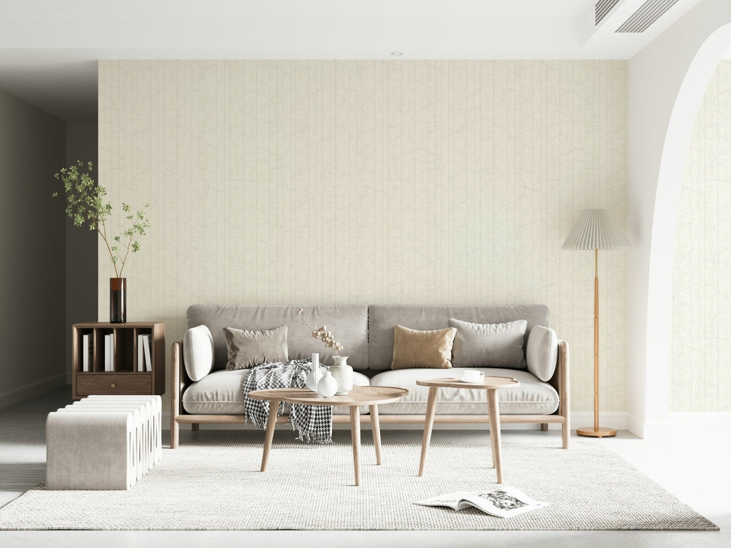 Light beige wall covering with abstract line art
