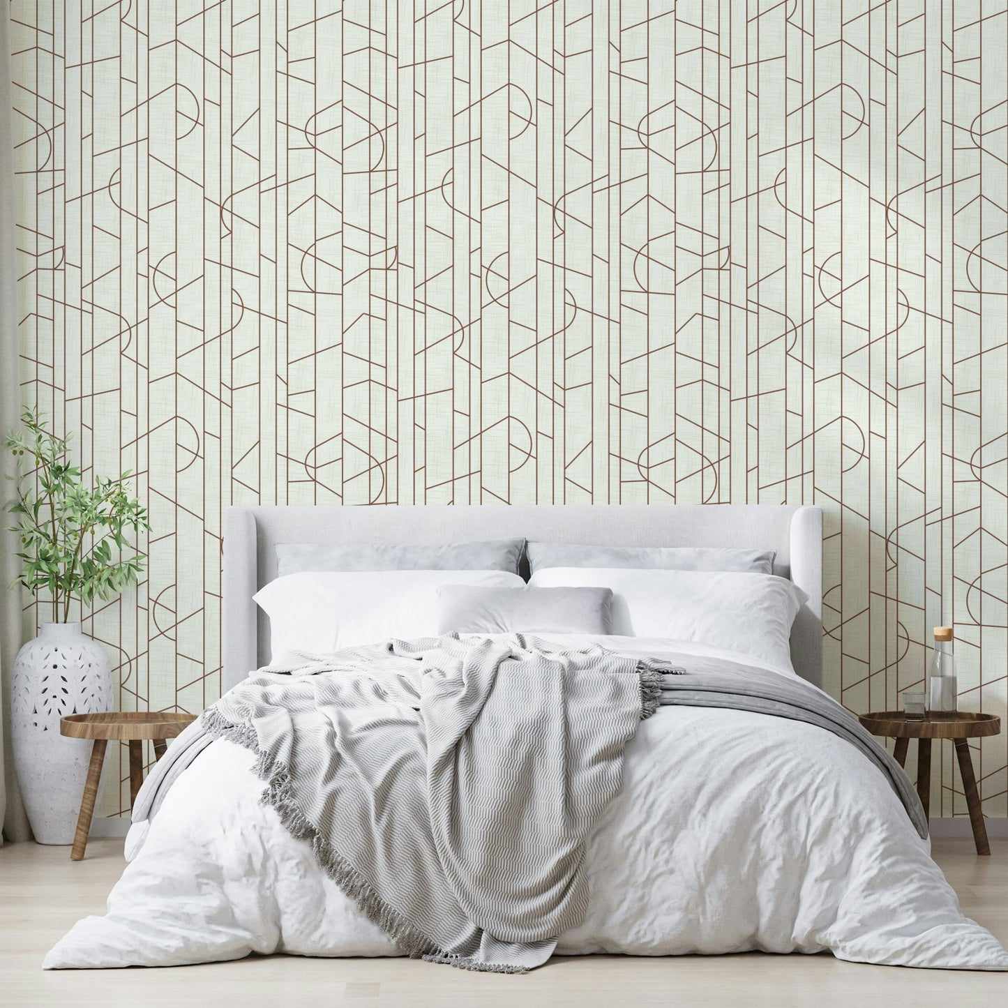 Living room with bright rust wallpaper and linework, GD1711