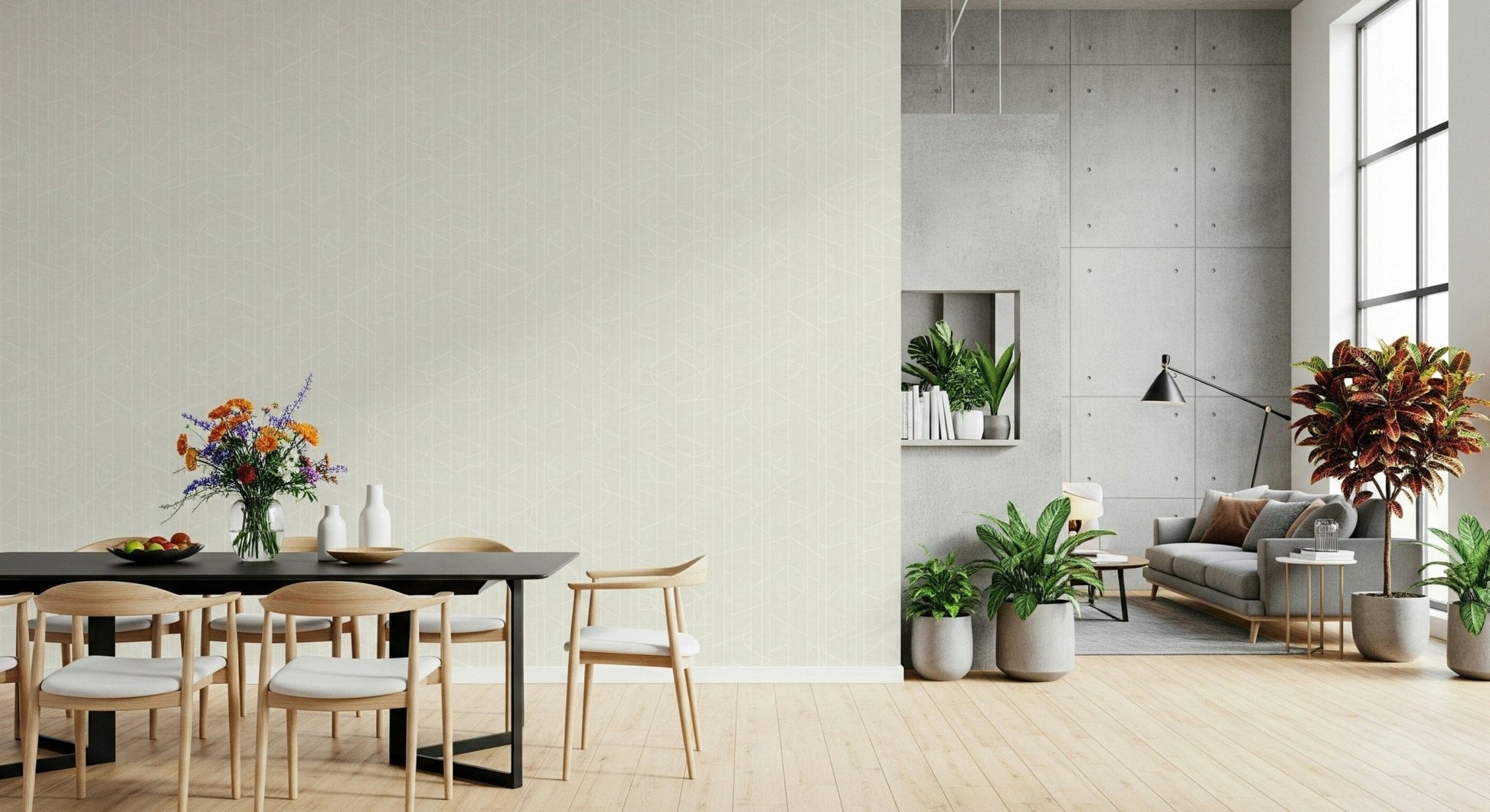 Neutral wallpaper mural with refined linear detailing