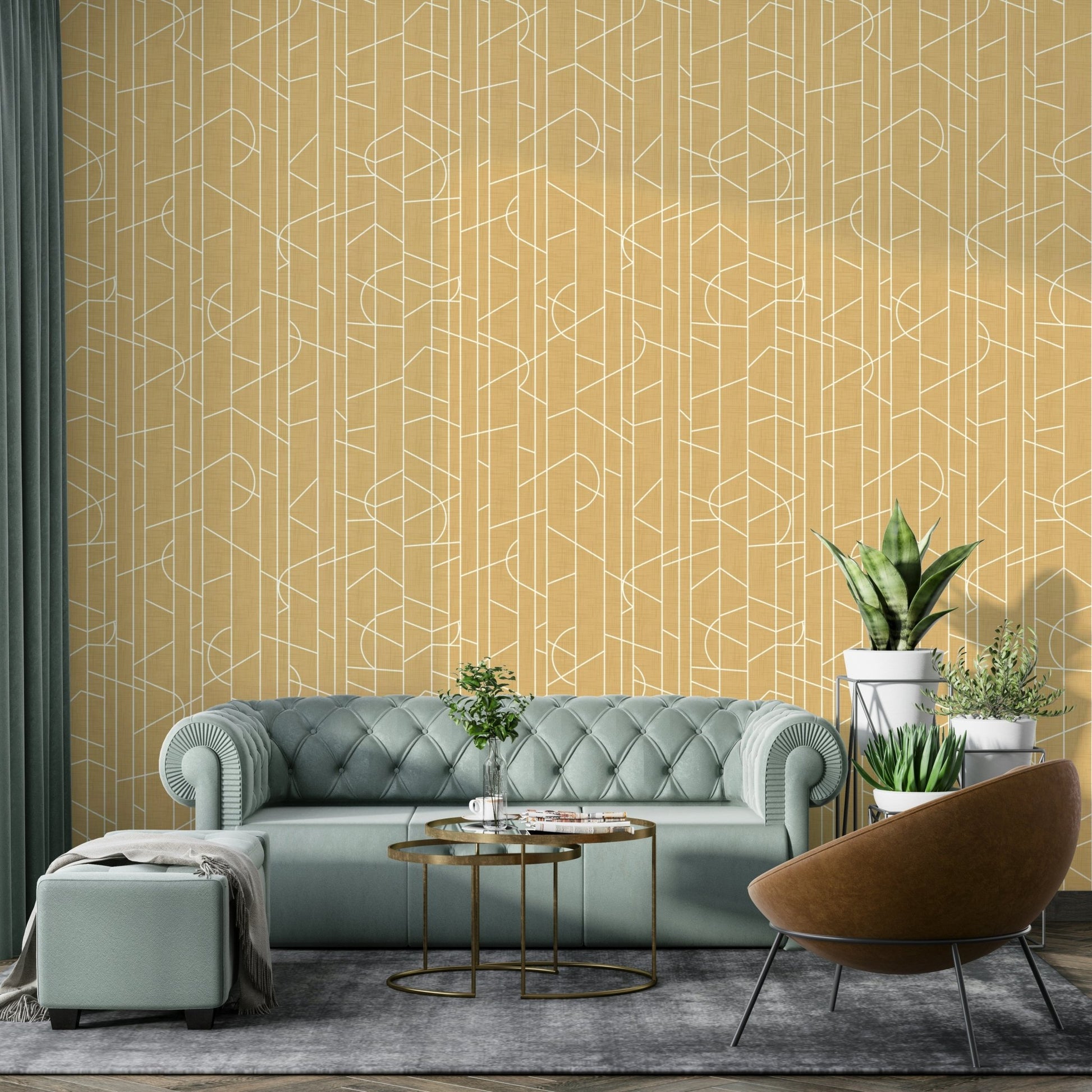 Modern wallpaper in warm honey tones and fine lines, GD1712