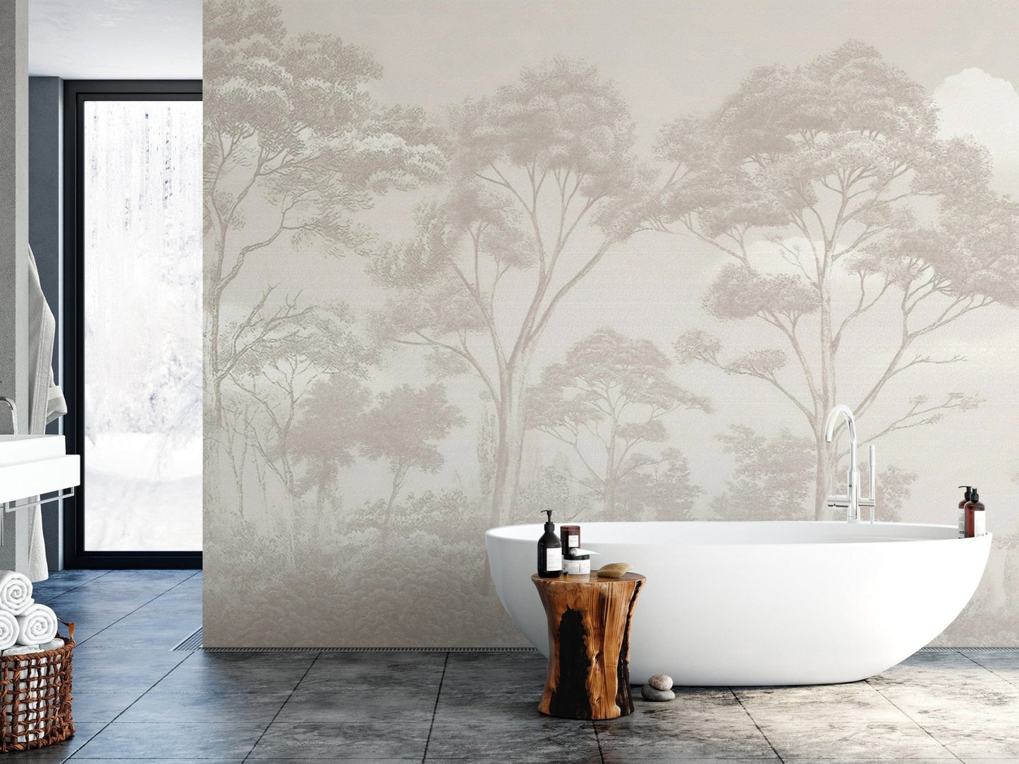 Soft-toned monochrome woodland mural
