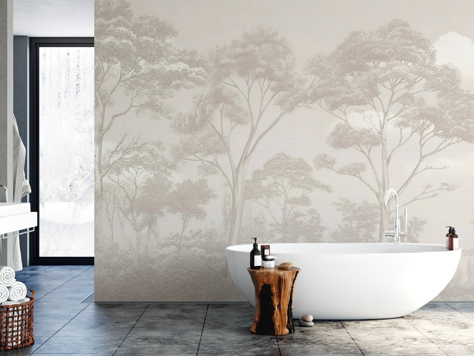 Soft-toned monochrome woodland mural
