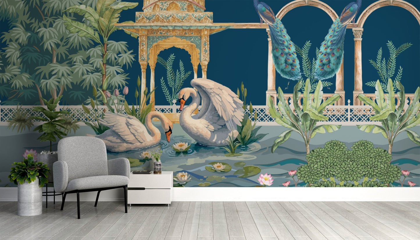 Indian Art Wallpaper with Swans & Peacocks
